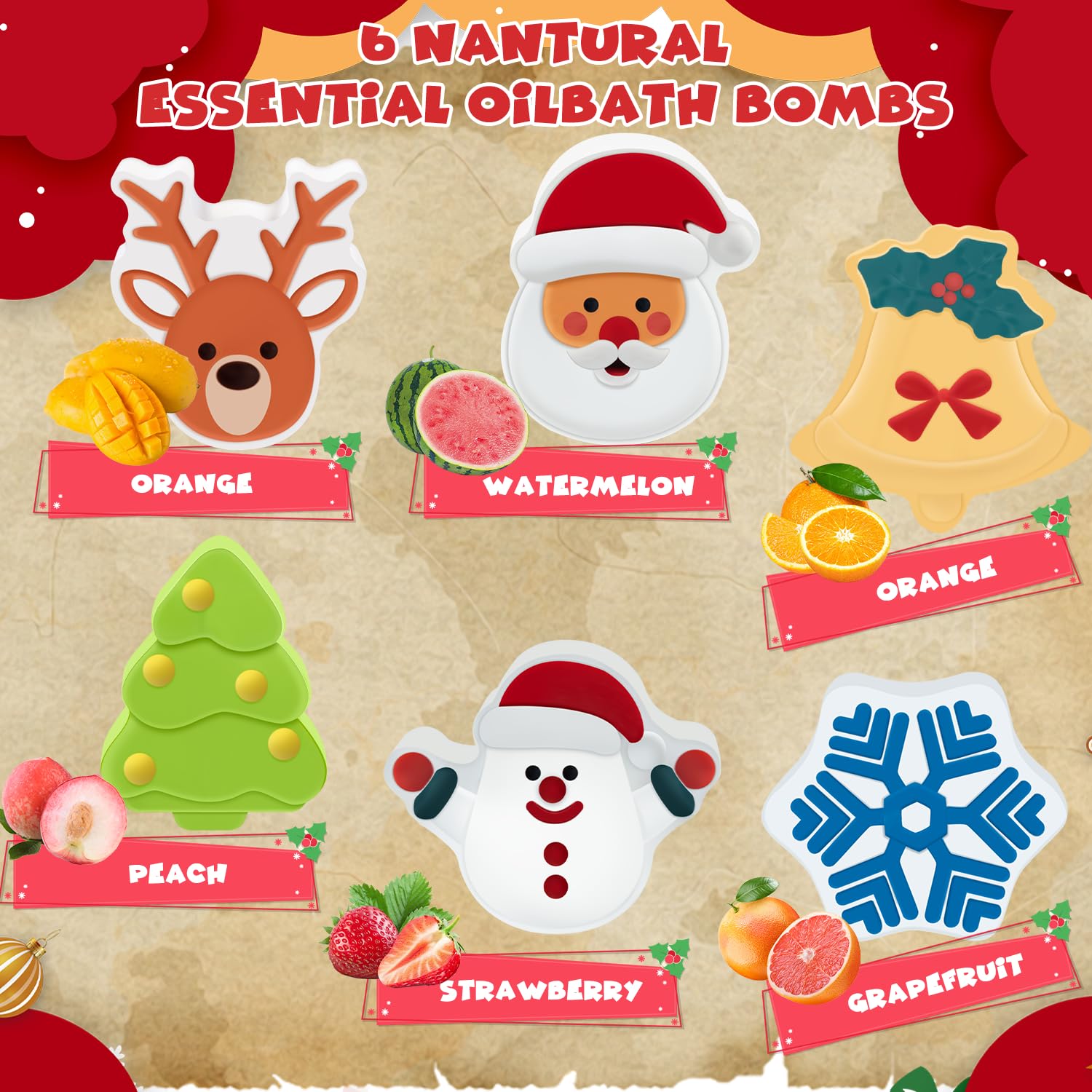 NEWFEIFAN Christmas Bath Bombs Set for Kids – 6-Pack Handmade Bubbles & Relaxing Aromas