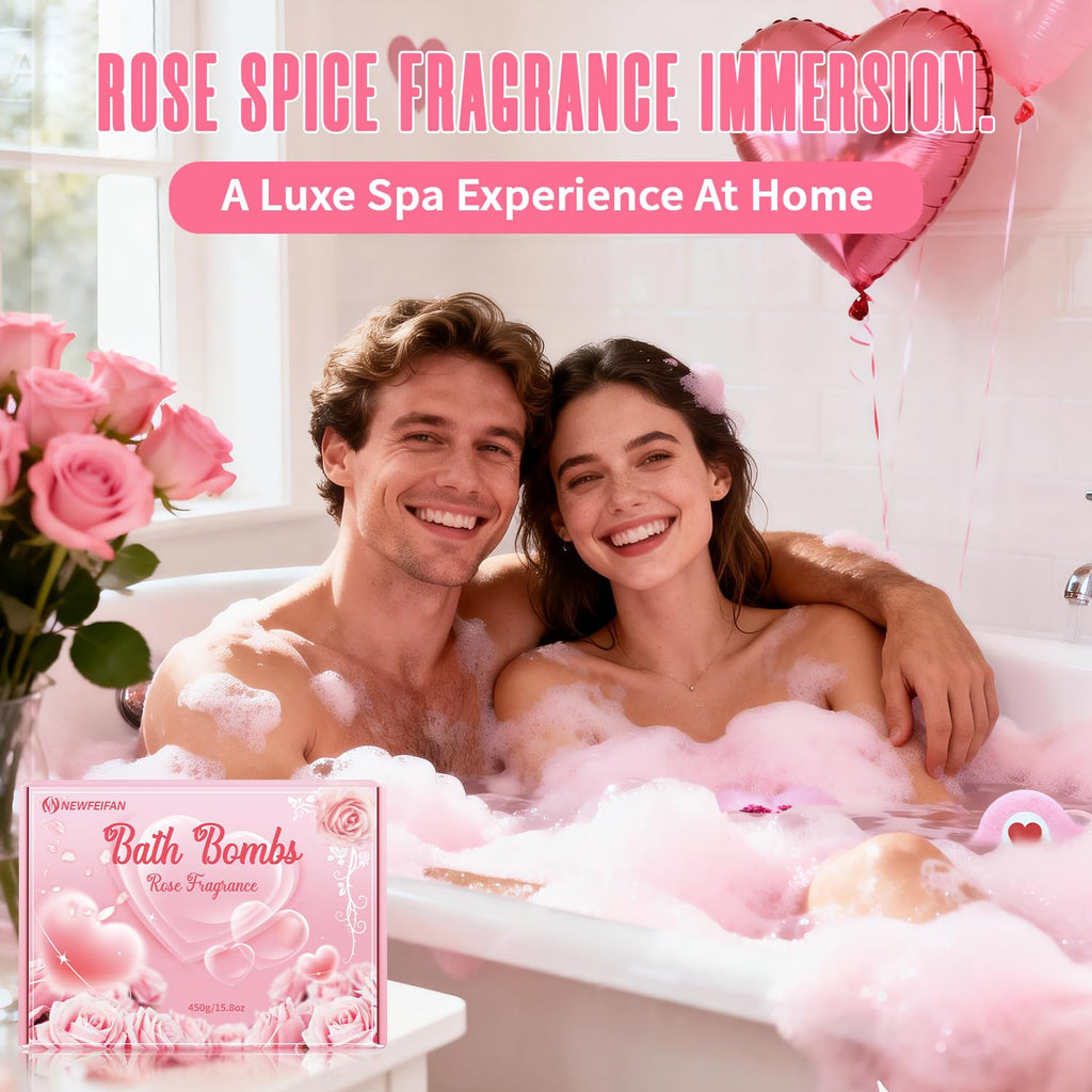 NEWFEIFAN Valentines Bath Bombs – XXL 4-Pack with Rose Oil | Handmade Natural & Organic Gift Set