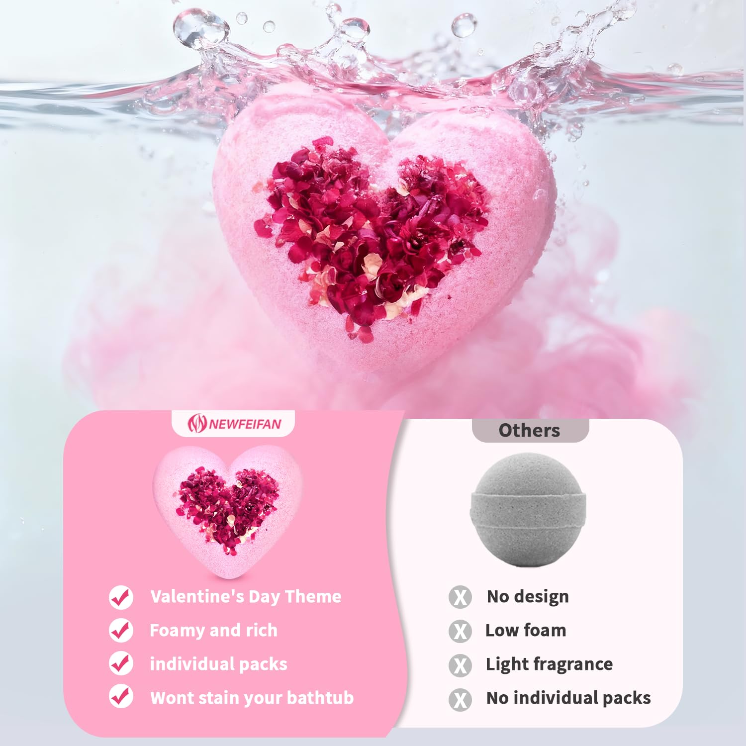 NEWFEIFAN Valentines Bath Bombs – XXL Heart Shape with Organic Rose Oil