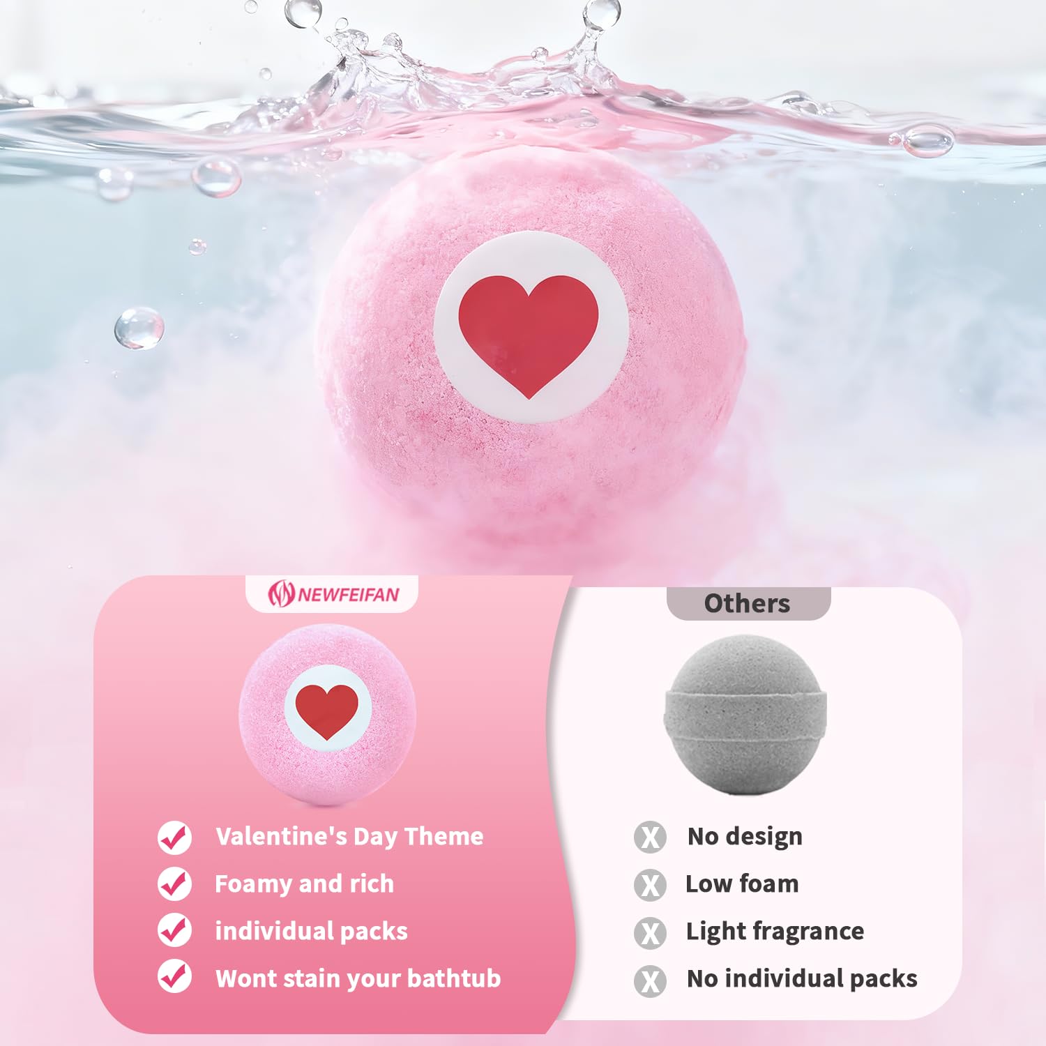 NEWFEIFAN Valentines Bath Bombs – XXL 4-Pack with Rose Oil | Handmade Natural & Organic Gift Set