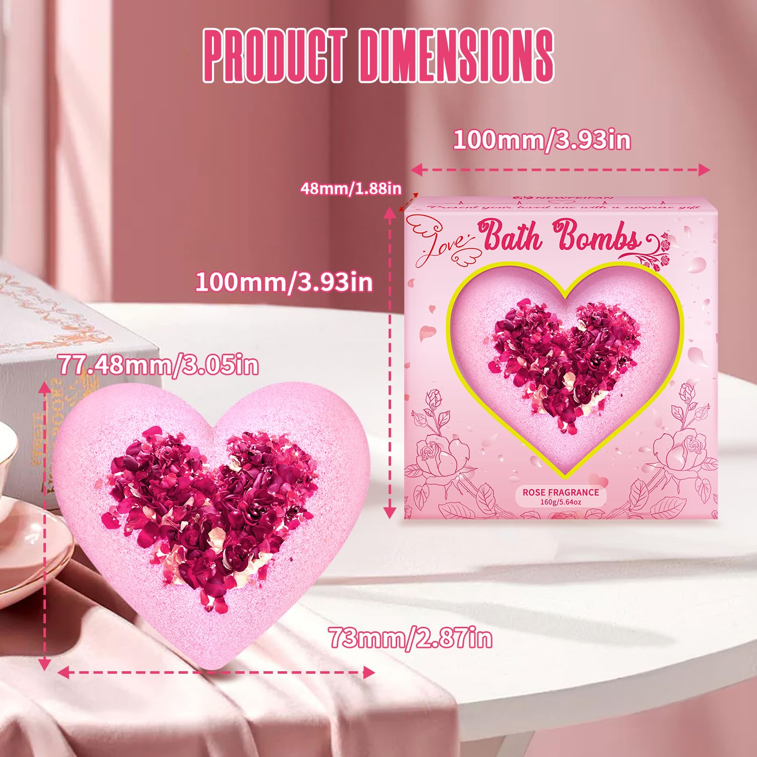 NEWFEIFAN Valentines Bath Bombs – XXL Heart Shape with Organic Rose Oil