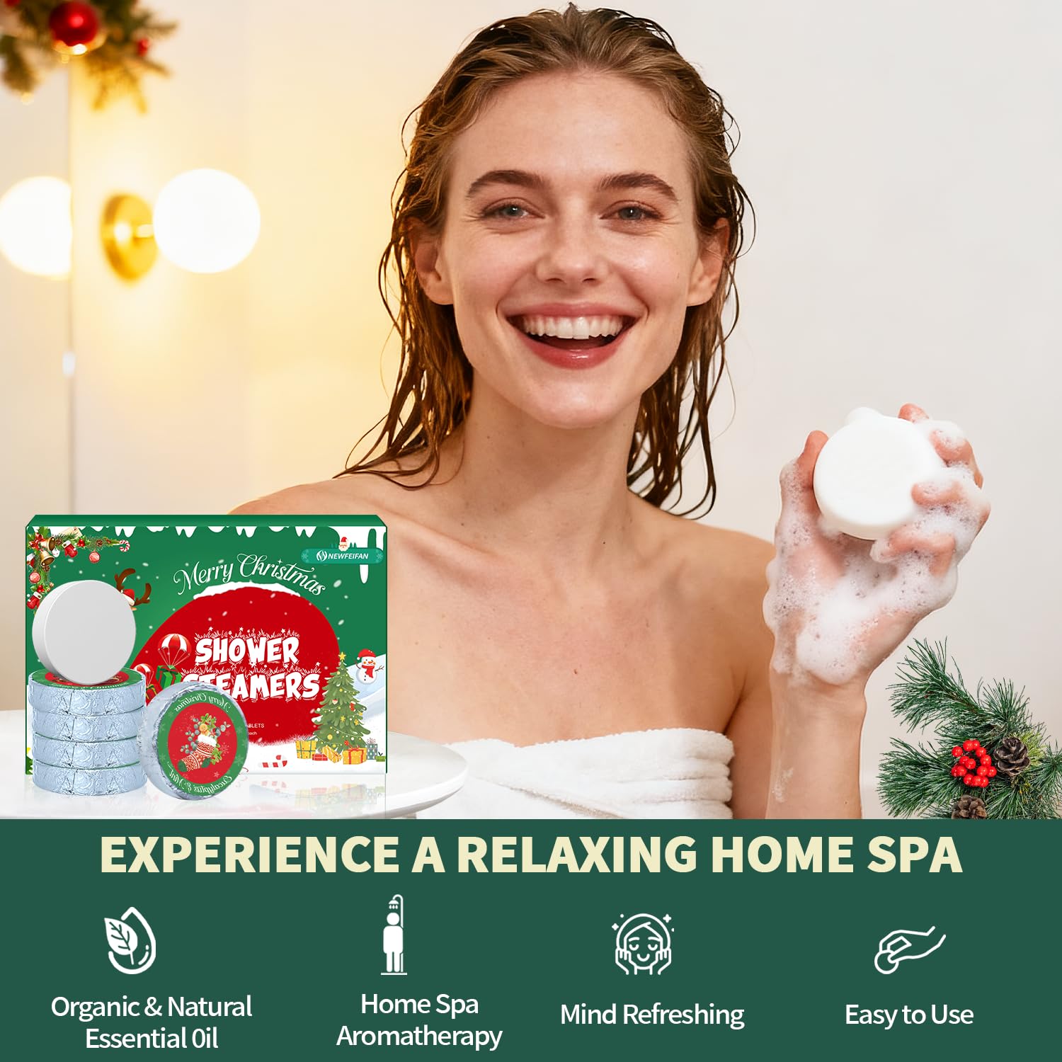 NEWFEIFAN Christmas Shower Steamers 6-Pack – Aromatherapy Spa Gift Set