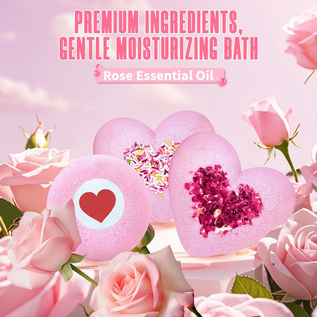 NEWFEIFAN Valentines Bath Bombs – XXL 4-Pack with Rose Oil | Handmade Natural & Organic Gift Set