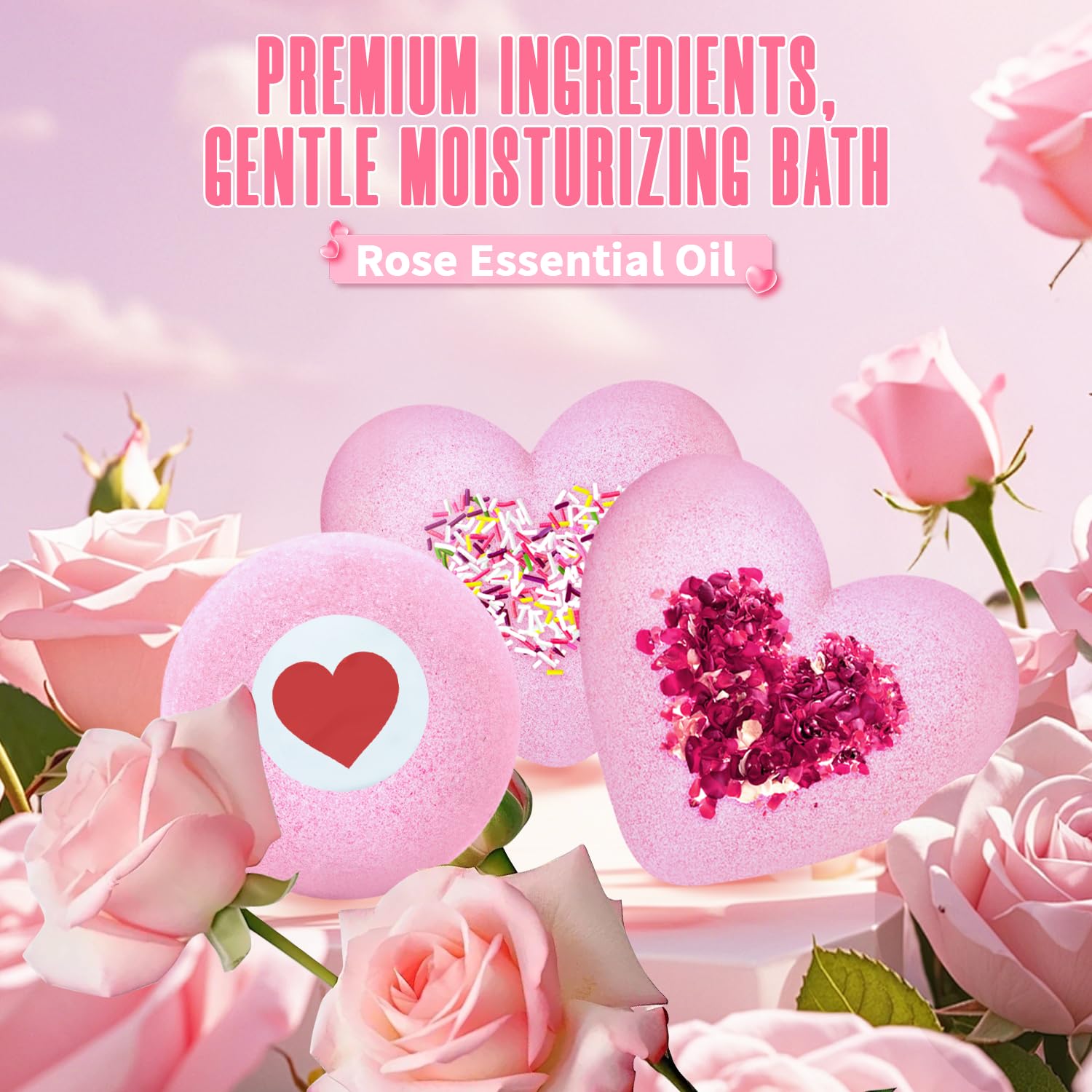 NEWFEIFAN Valentines Bath Bombs – XXL 4-Pack with Rose Oil | Handmade Natural & Organic Gift Set