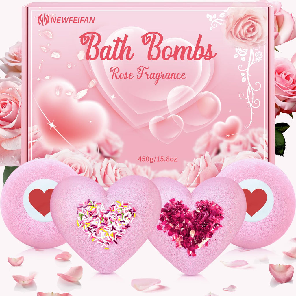 NEWFEIFAN Valentines Bath Bombs – XXL 4-Pack with Rose Oil | Handmade Natural & Organic Gift Set