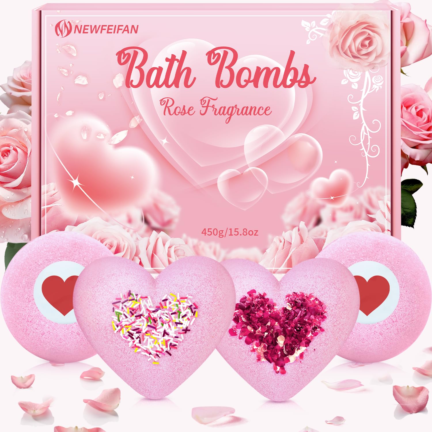 NEWFEIFAN Valentines Bath Bombs – XXL 4-Pack with Rose Oil | Handmade Natural & Organic Gift Set