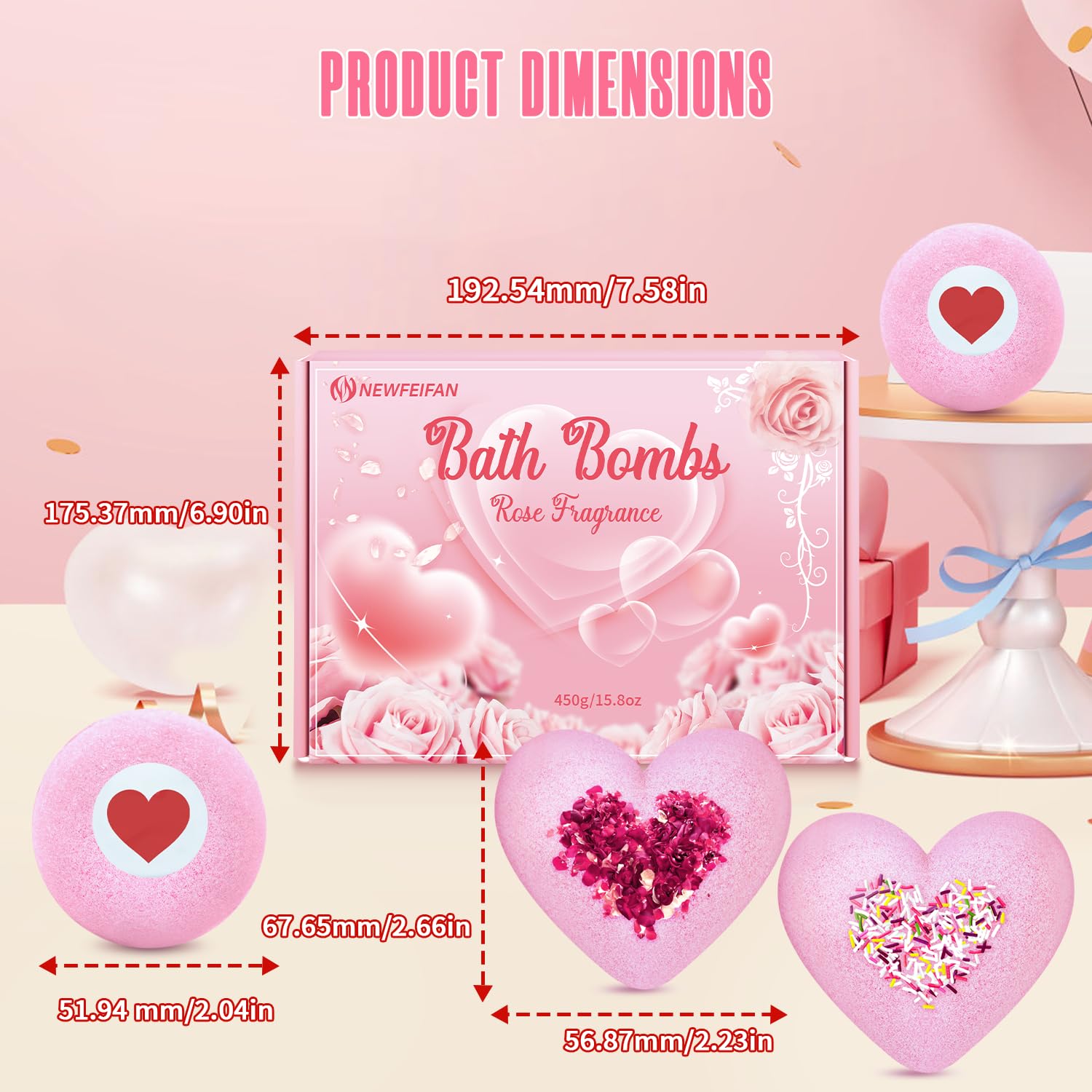 NEWFEIFAN Valentines Bath Bombs – XXL 4-Pack with Rose Oil | Handmade Natural & Organic Gift Set