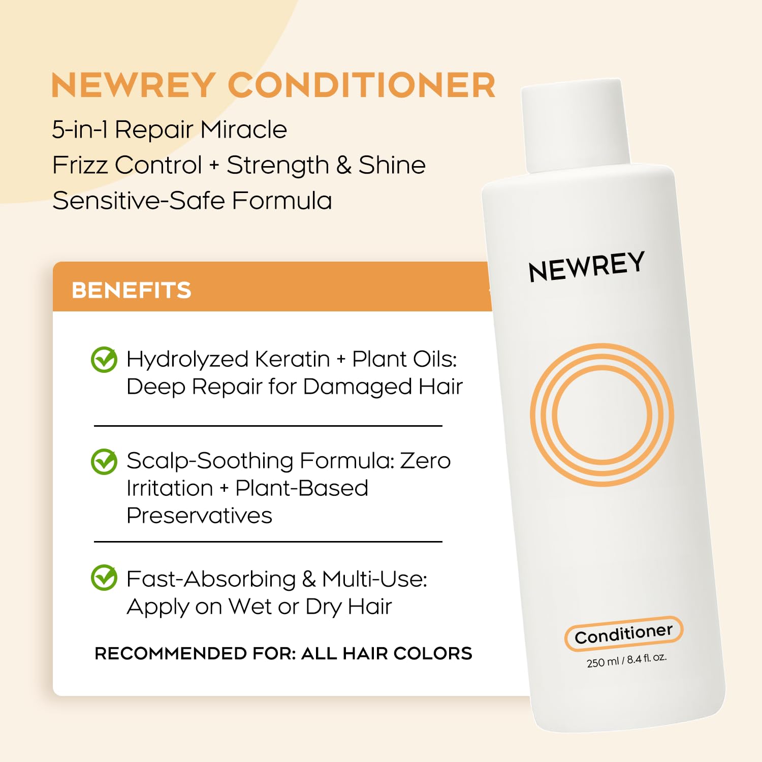 NEWREY Hydrating Conditioner for Dry, Damaged Hair - 8.4oz | Moisture Repair with Hydrolyzed Keratin & Coconut Oil