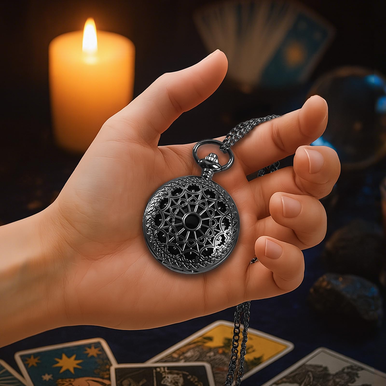 NewRiu Scrying Mirror Black Obsidian — Vintage Pocket Watch Divination Tool