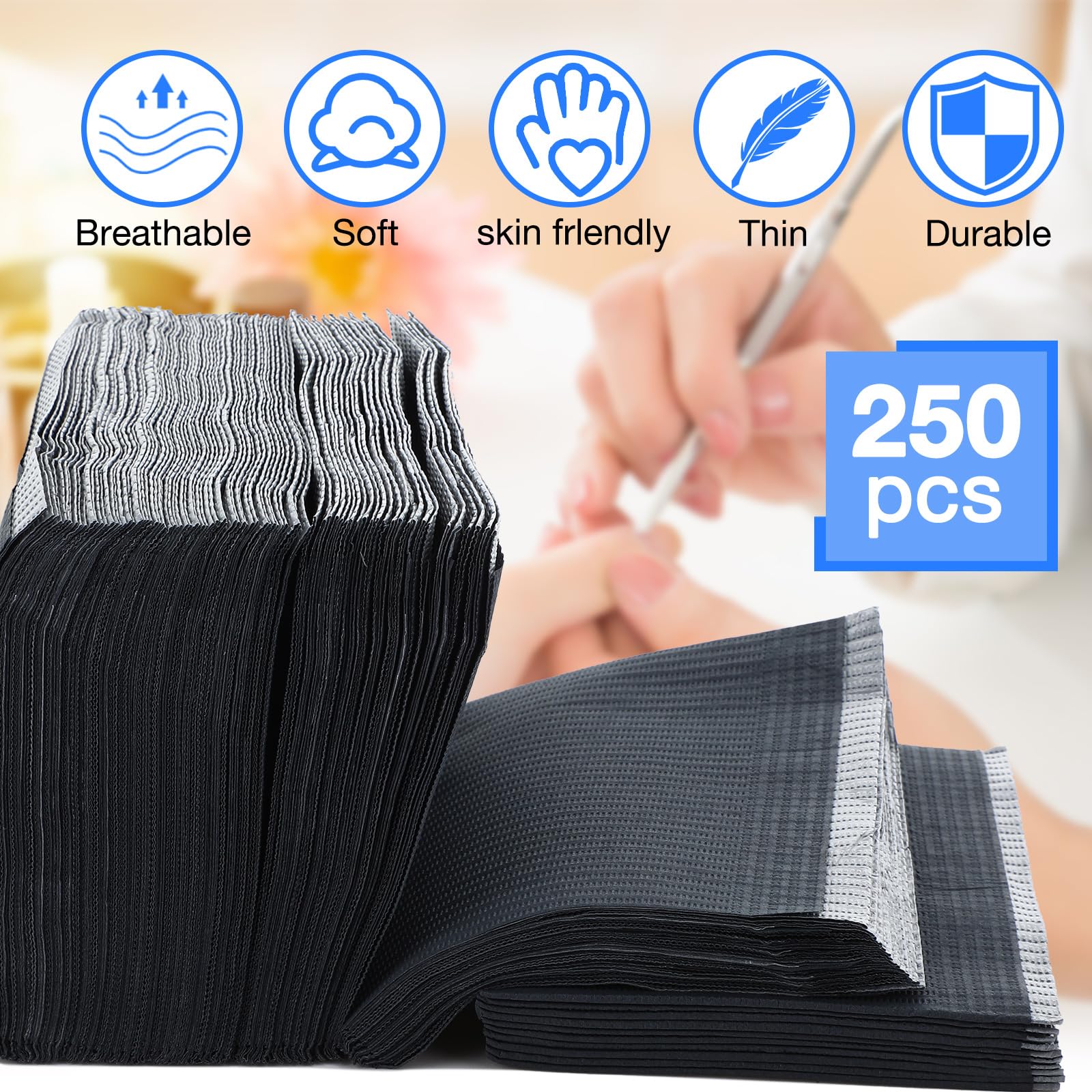 Newwiee 250 Pcs Disposable Nail Table Towels Mat & Waterproof Tattoo Bibs – 13 x 18 Inches, 3-Ply, Black