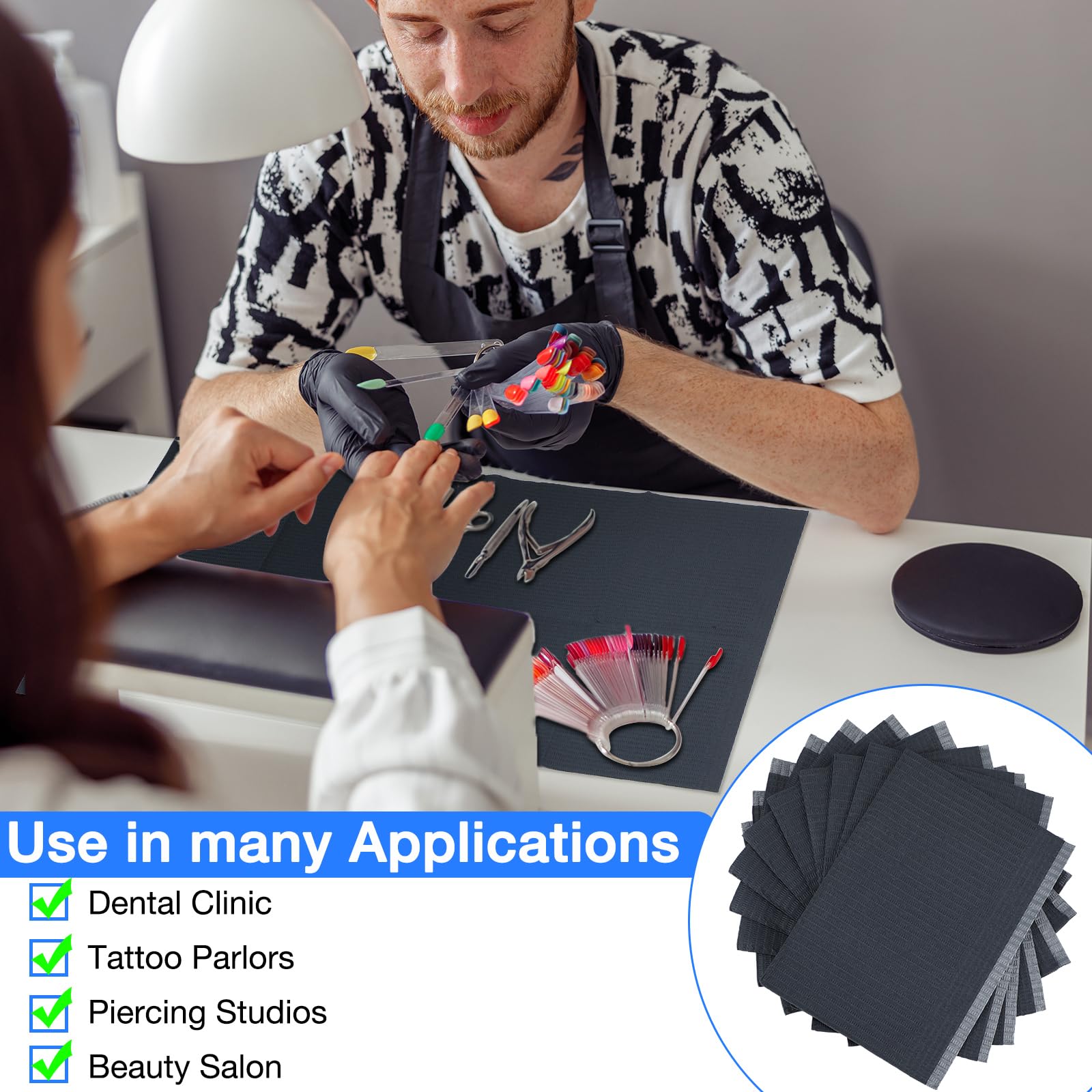 Newwiee 250 Pcs Disposable Nail Table Towels Mat & Waterproof Tattoo Bibs – 13 x 18 Inches, 3-Ply, Black