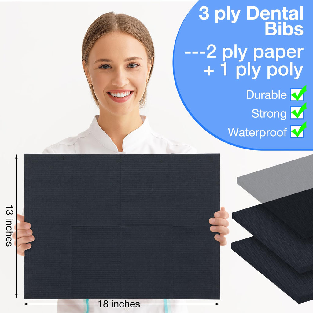 Newwiee 250 Pcs Disposable Nail Table Towels Mat & Waterproof Tattoo Bibs – 13 x 18 Inches, 3-Ply, Black