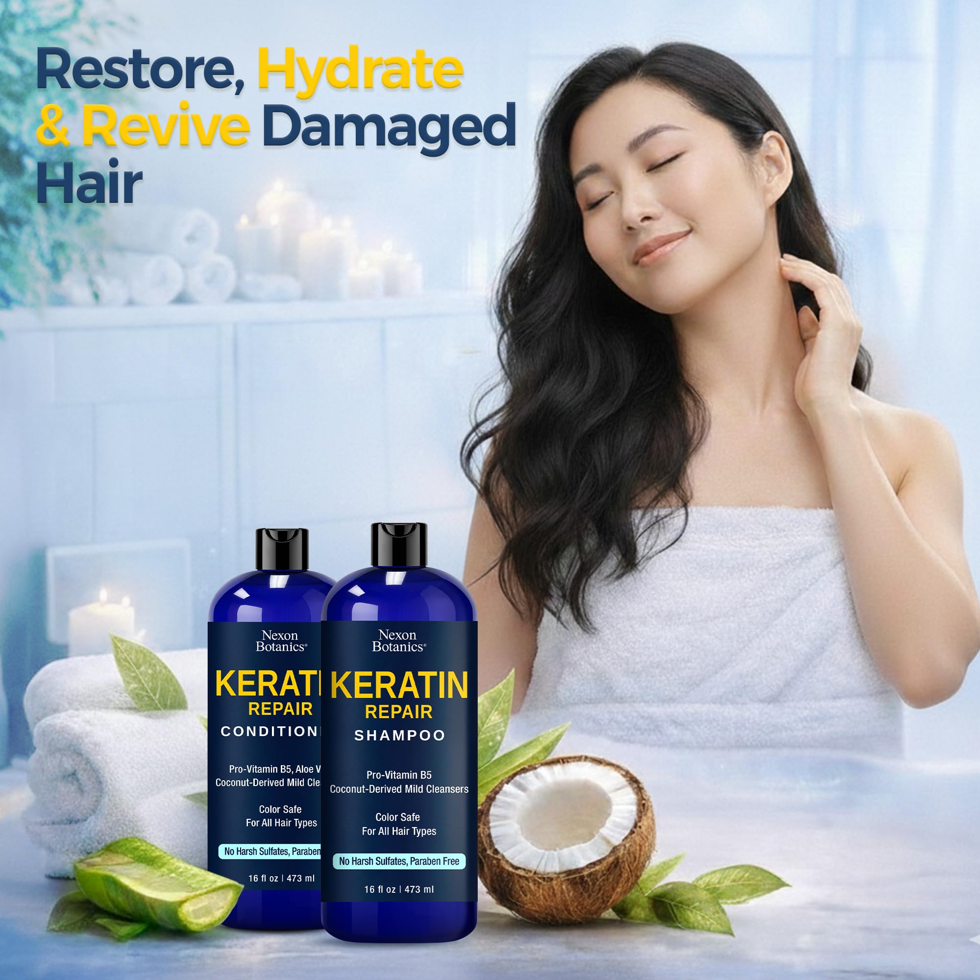 Nexon Botanics Keratin Shampoo & Conditioner Set – 16 fl oz Each | Strength, Moisture & Color Safe