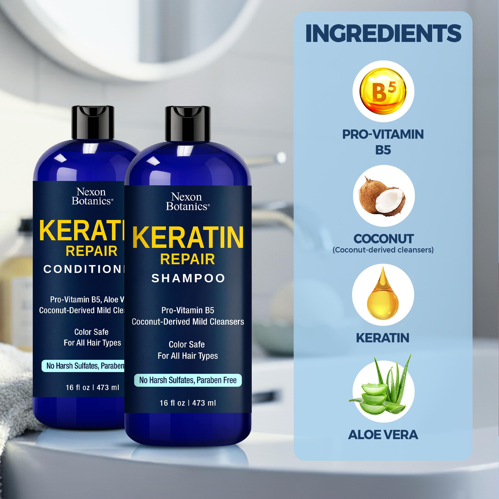Nexon Botanics Keratin Shampoo & Conditioner Set – 16 fl oz Each | Strength, Moisture & Color Safe
