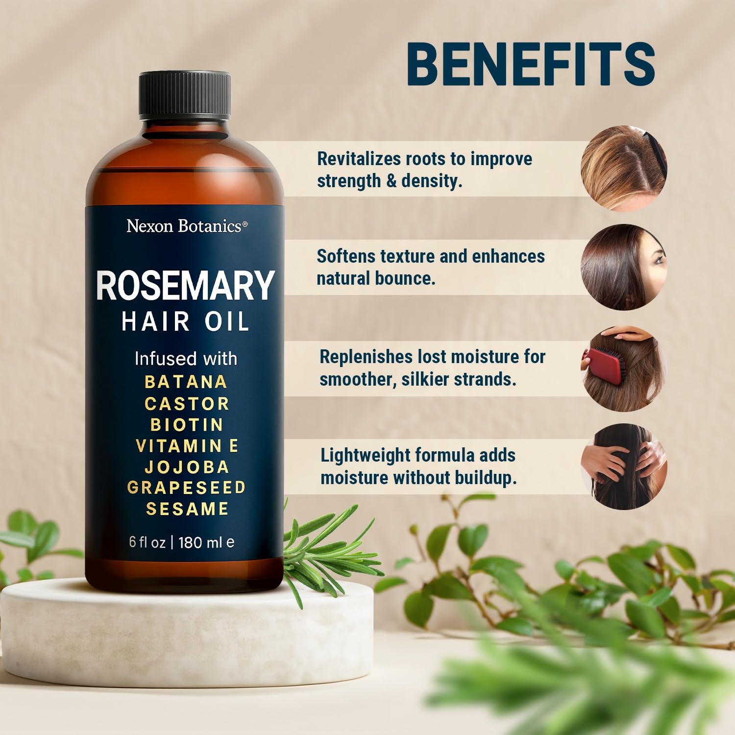 Nexon Botanics Rosemary Oil for Hair Growth – 6 fl oz | Frizz Control & Scalp Refresh