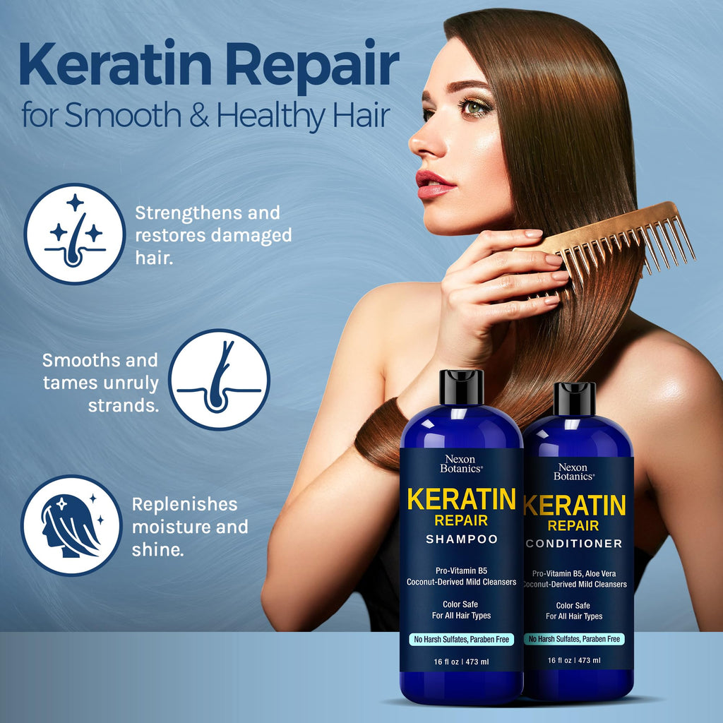 Nexon Botanics Keratin Shampoo & Conditioner Set – 16 fl oz Each | Strength, Moisture & Color Safe