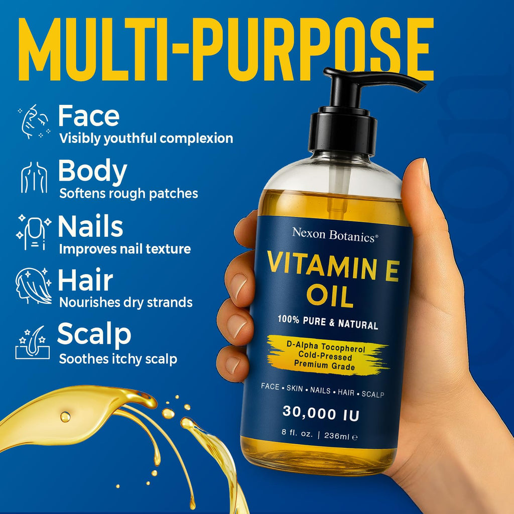 Nexon Botanics Vitamin E Oil 30,000 IU – Cold-Pressed, Hexane-Free, 8 oz