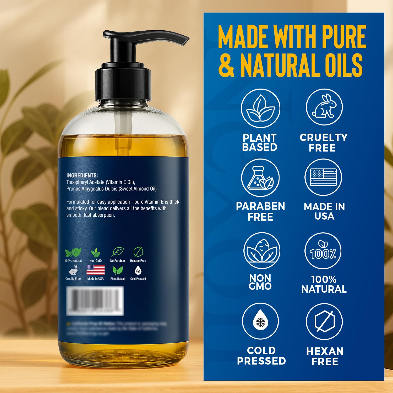 Nexon Botanics Vitamin E Oil 30,000 IU – Cold-Pressed, Hexane-Free, 8 oz