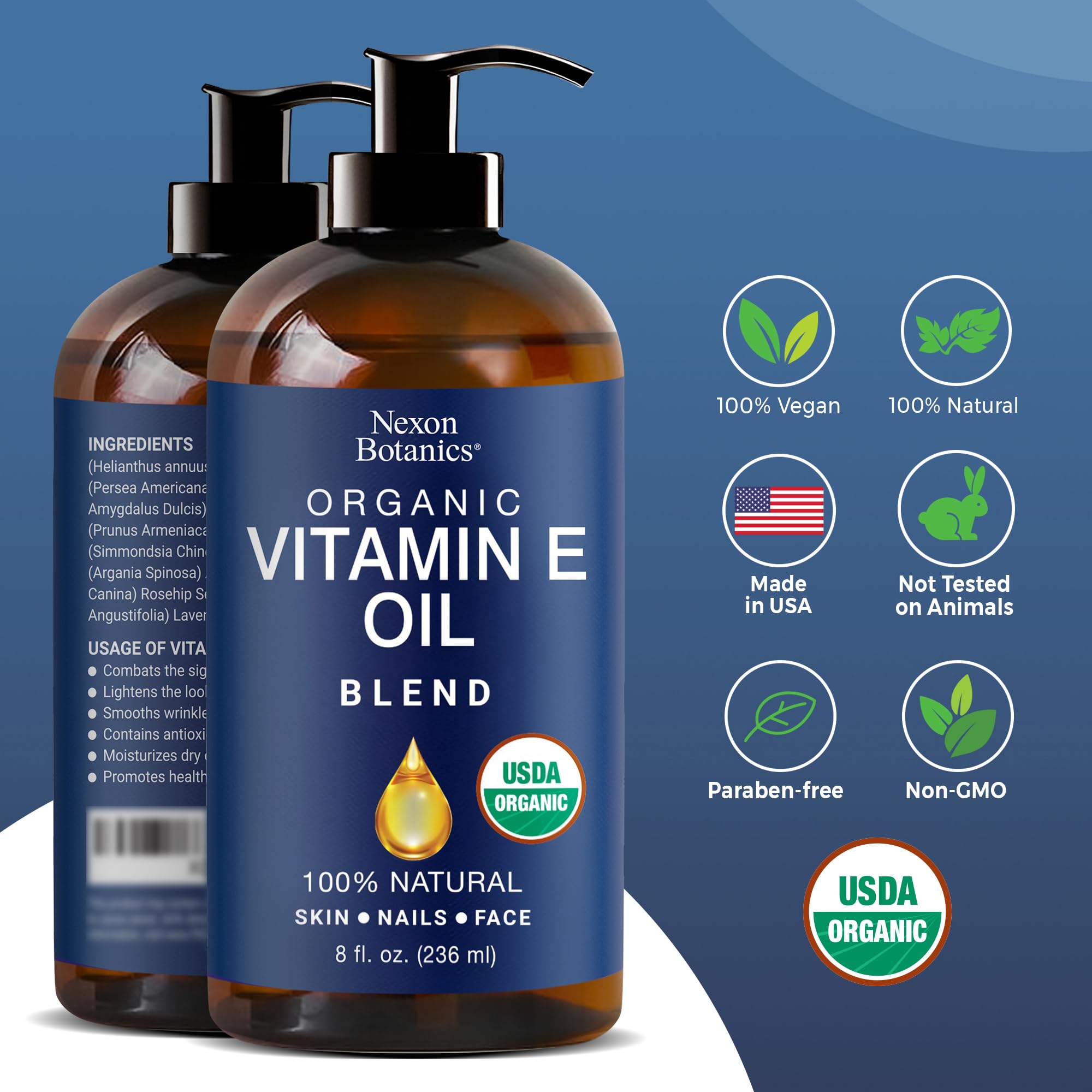 Nexon Botanics Organic Vitamin E Oil Blend – 8 fl oz for Skin, Scar & Face