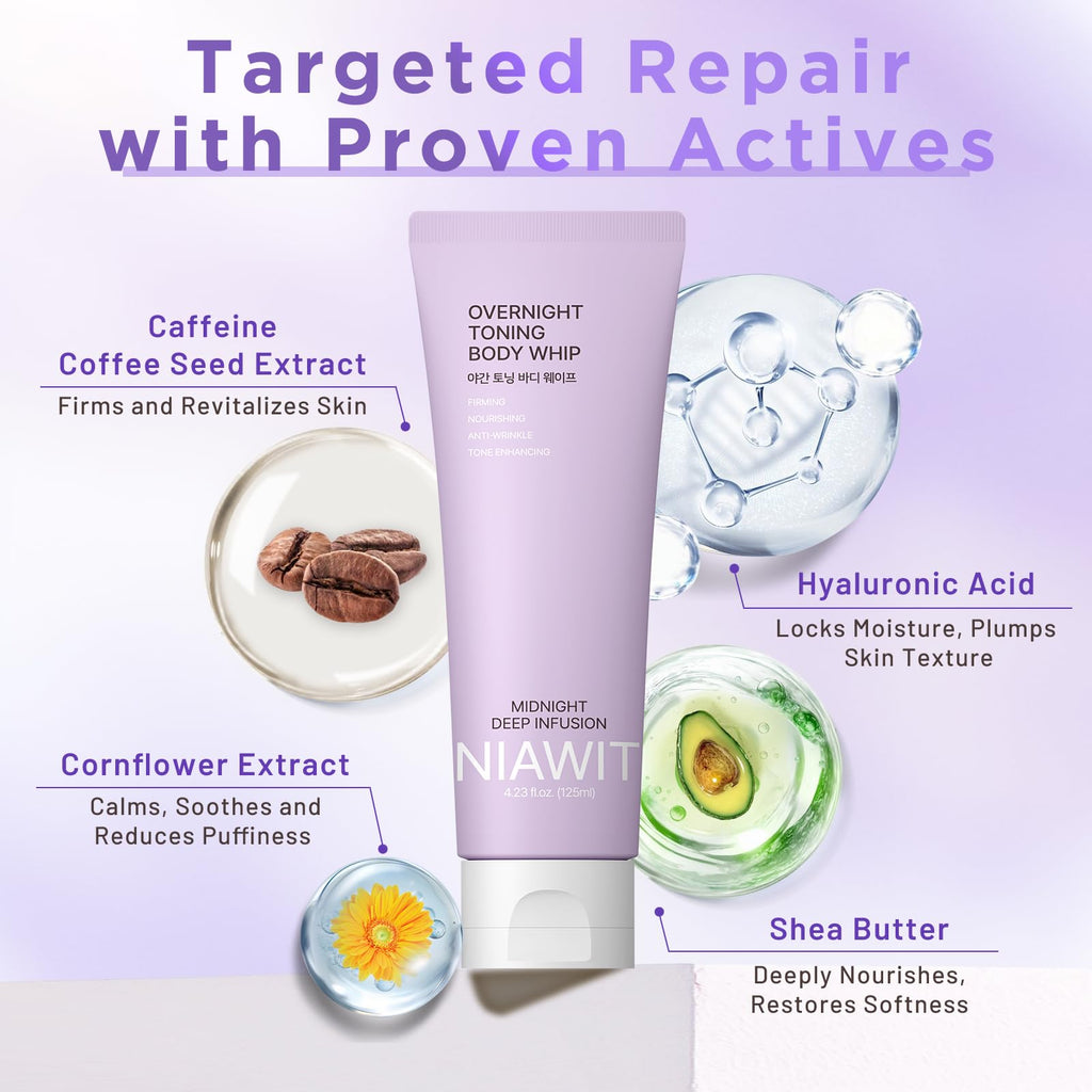 NIAWIT Overnight Toning Body Whip – Firming Night Cream for Crepey Skin (Arms, Thighs, Belly) 4.23 oz