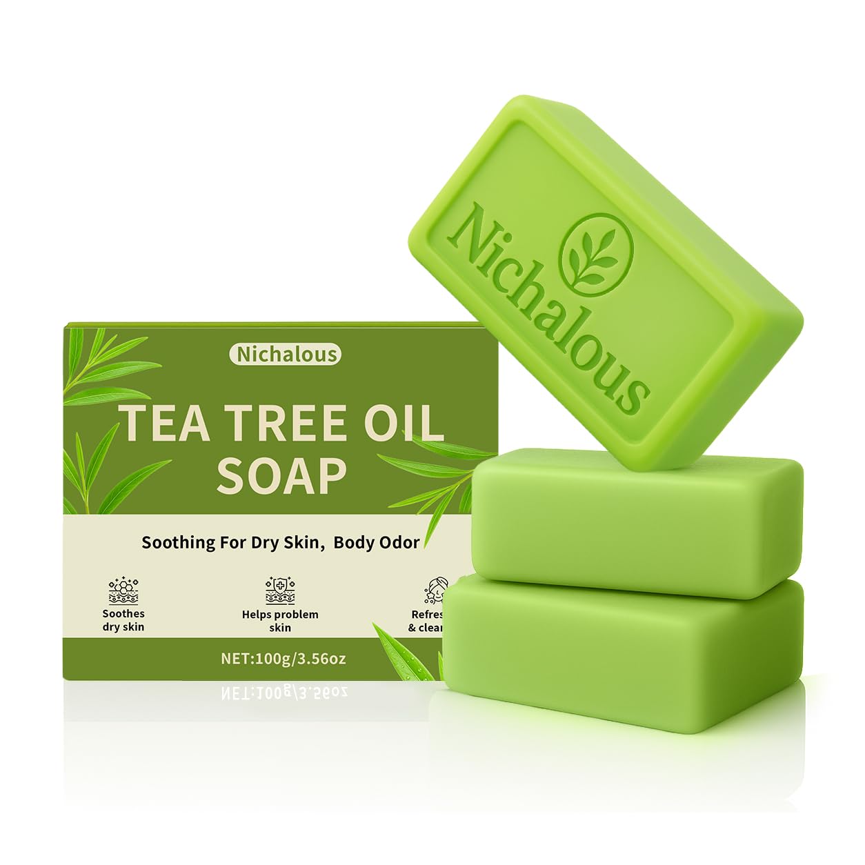 Nichalous 3PCS Tea Tree Soap Bars – Deep Pore Cleansing Foot Soap with Tea Tree Oil, Coconut Oil & Witch Hazel (3.5 oz each)