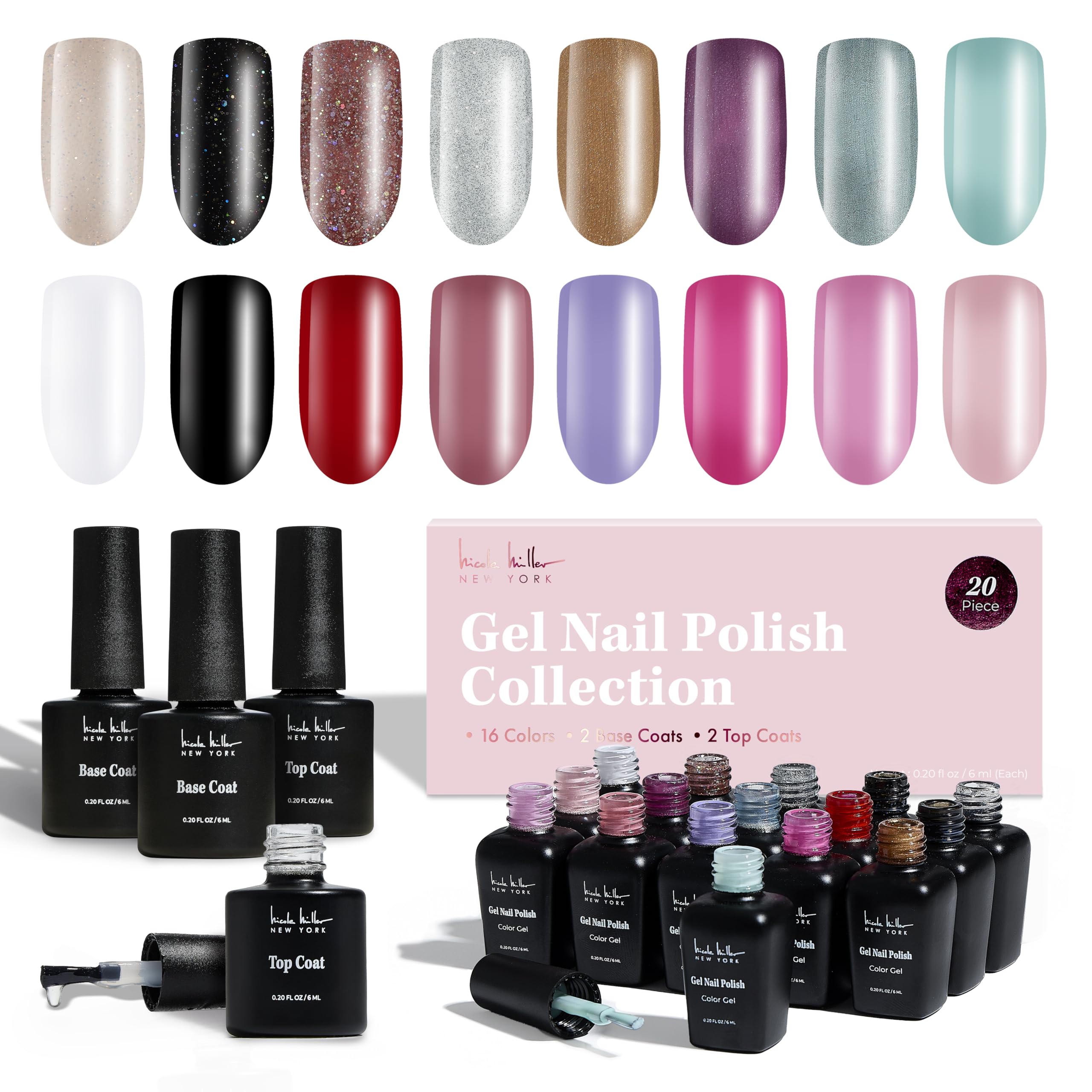 Nicole Miller New York Gel Nail Polish Collection — 20-Piece Set with 16 Colors, 2 Base Coats & 2 Top Coats