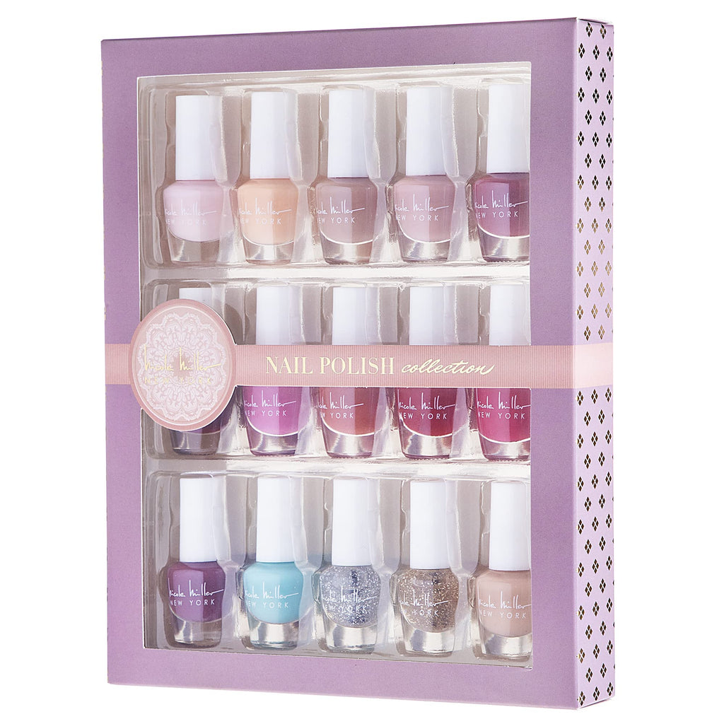 Nicole Miller New York Mini Nail Polish Set – 15-Piece Glossy Color Collection for Nails (Purple Accent)