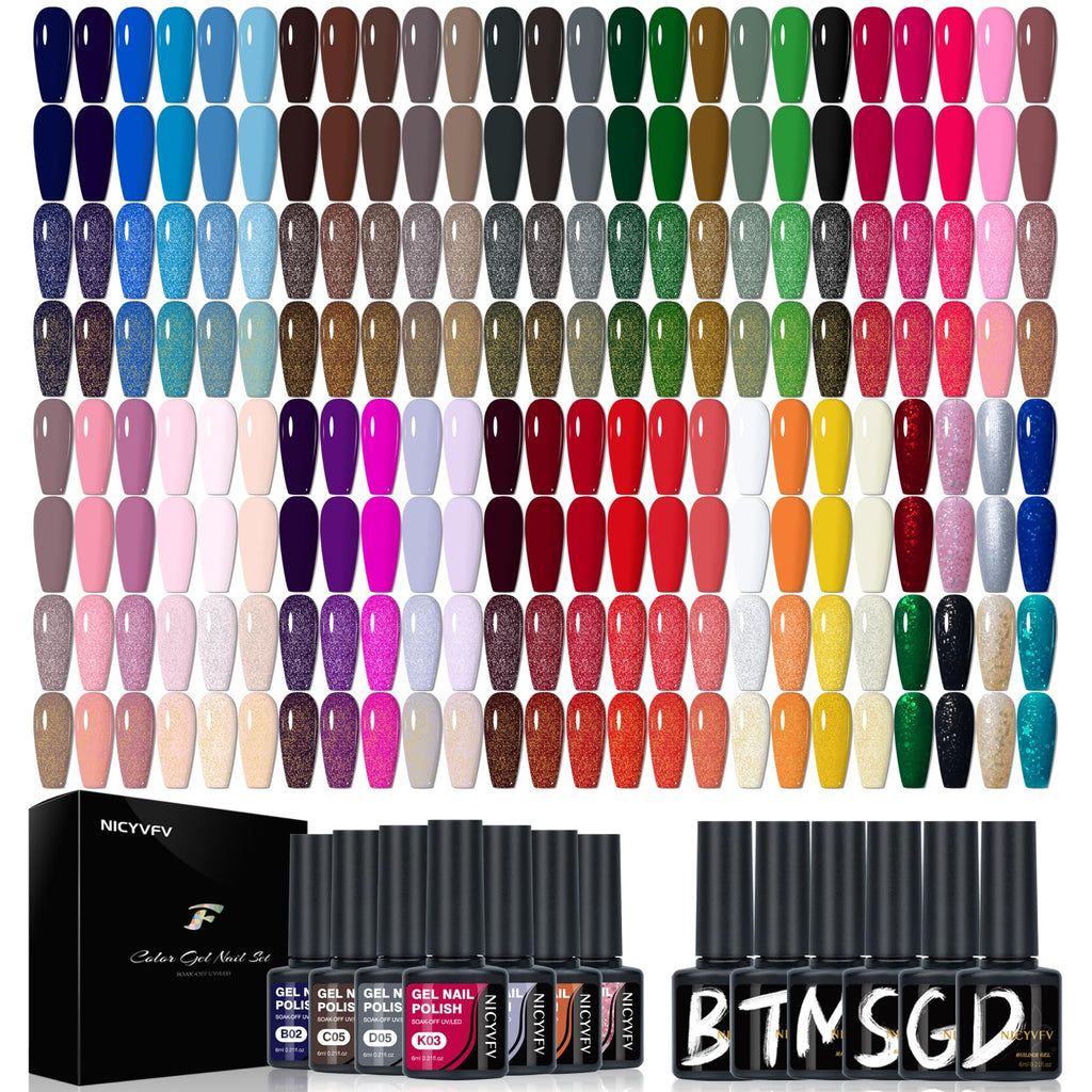NICYVFV 60 PCS Gel Nail Set – 54 Colors, Glitter Top Coats, Builder Gel, Base Coat, Glossy & Matte Finish