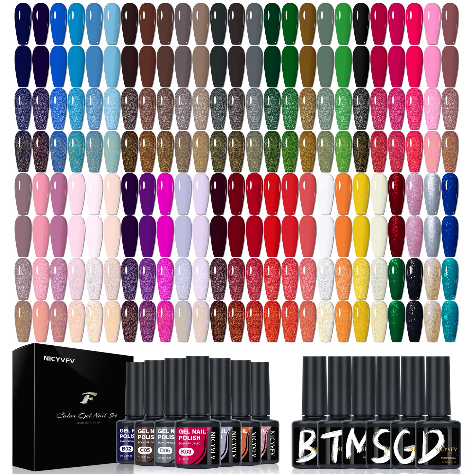 NICYVFV 60 PCS Gel Nail Set – 54 Colors, Glitter Top Coats, Builder Gel, Base Coat, Glossy & Matte Finish