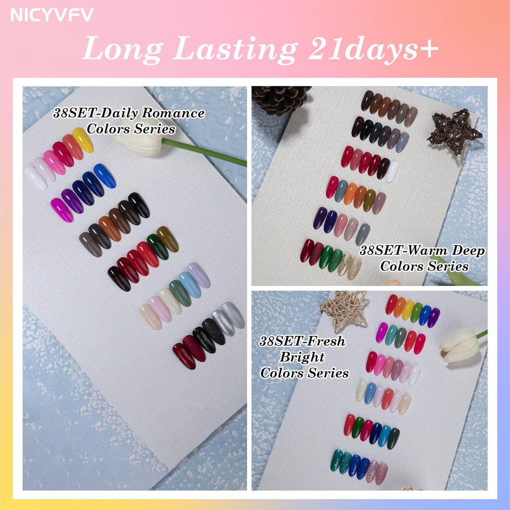 NICYVFV 60 PCS Gel Nail Set – 54 Colors, Glitter Top Coats, Builder Gel, Base Coat, Glossy & Matte Finish