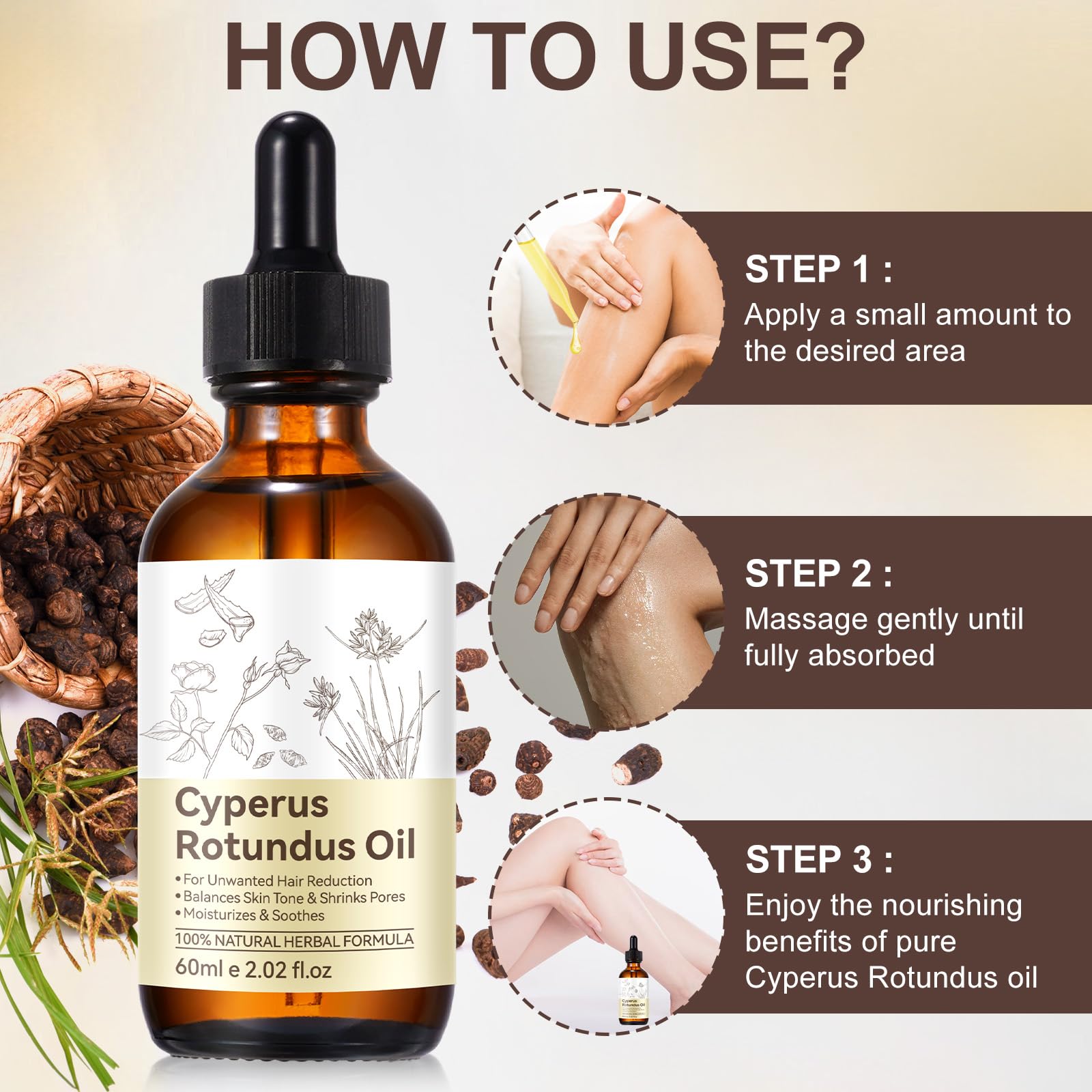 NIFEISHI Cyperus Rotundus Oil for Hair Removal – Gentle, Moisturizing Formula (60ml)