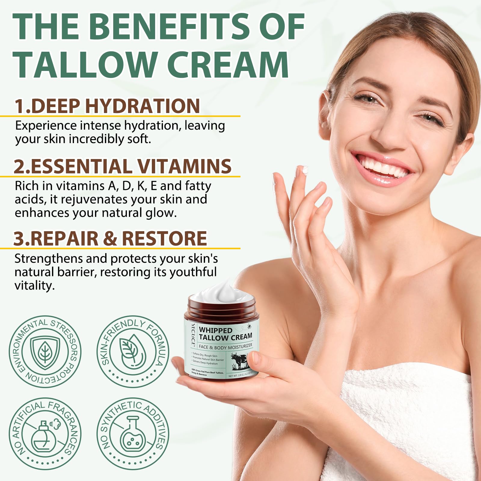 NIFEISHI Beef Tallow for Skin | Whipped Tallow & Honey Balm, Grass-Fed & Organic 120g