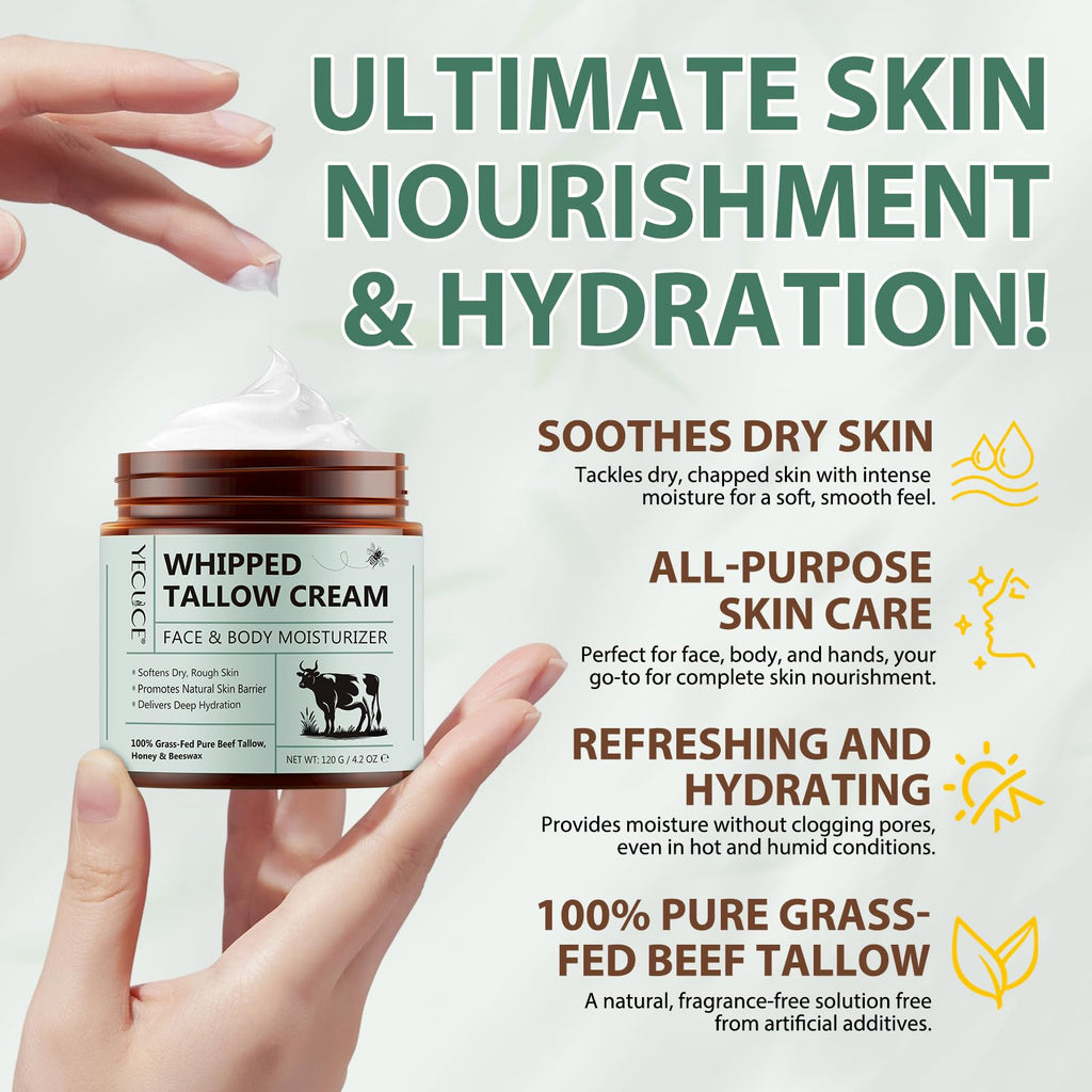 NIFEISHI Beef Tallow for Skin | Whipped Tallow & Honey Balm, Grass-Fed & Organic 120g