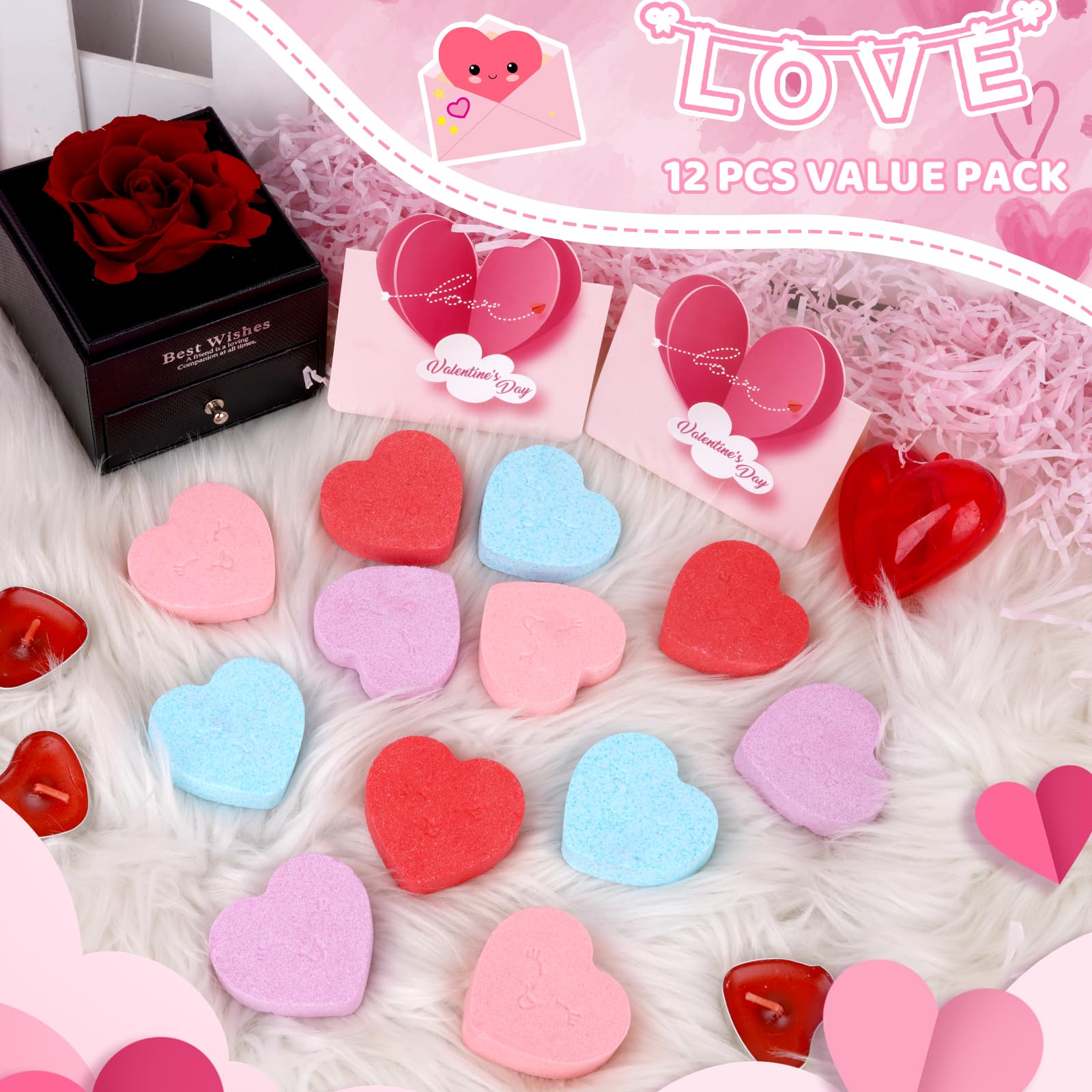 NIGOWAYS Valentine's Day Bath Bombs 12pc Heart Gift Set with Cards