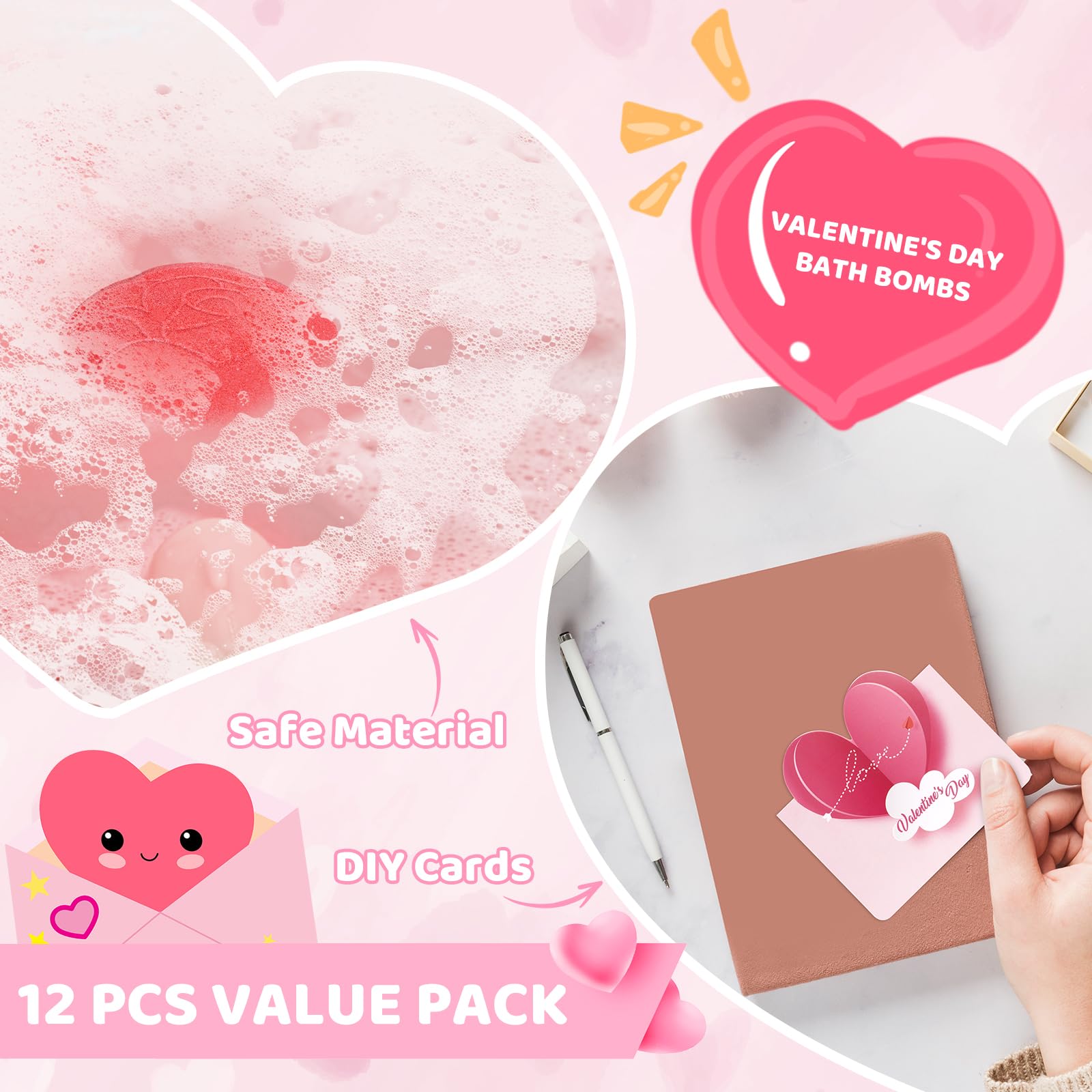 NIGOWAYS Valentine's Day Bath Bombs 12pc Heart Gift Set with Cards