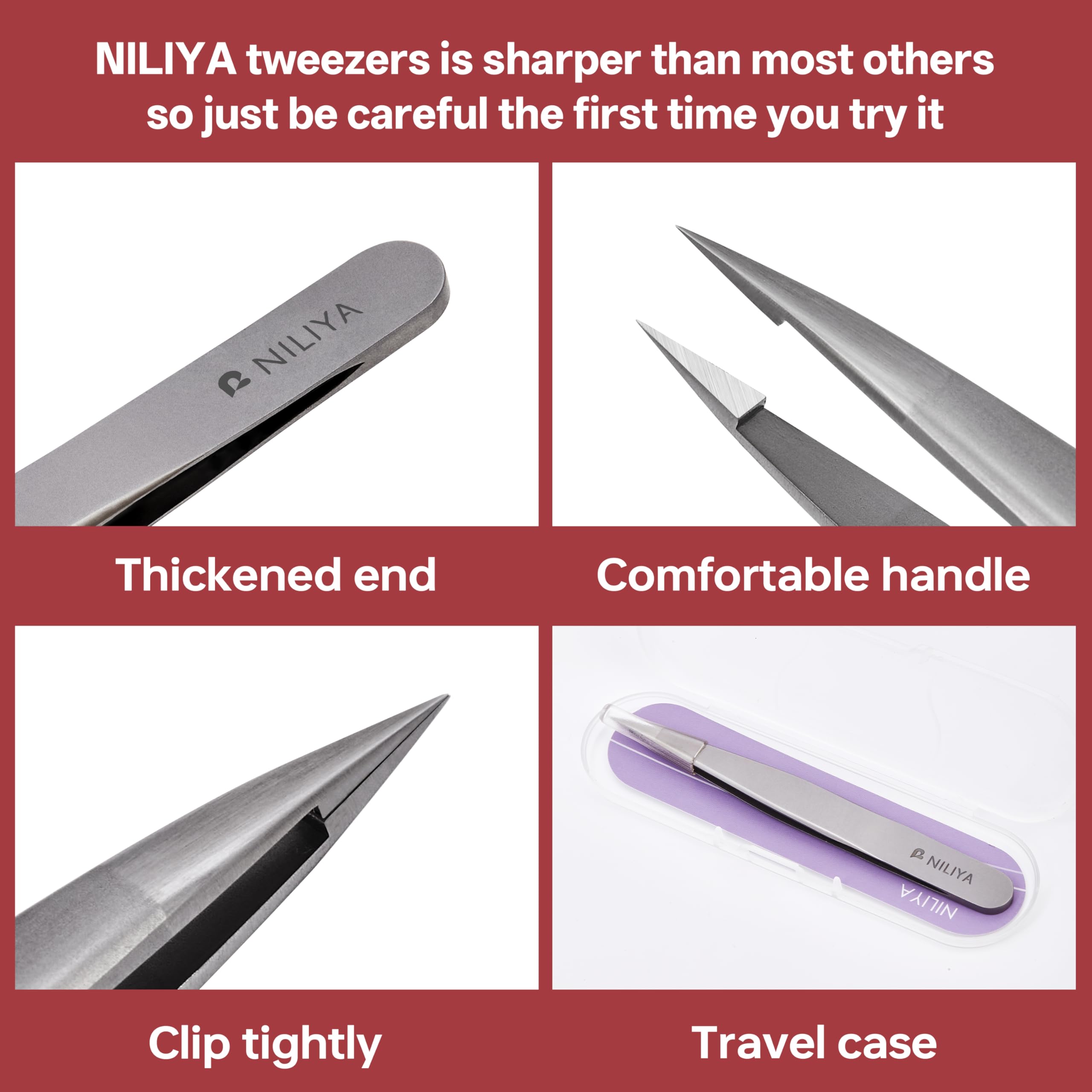 NILIYA Pointed Tweezers – Fine Point Eyebrow Tweezers with Travel Case