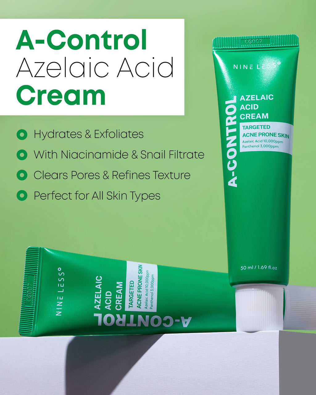 NINELESS A-Control Azelaic Acid Cream – Korean Blemish Clear Moisturizer for Face | Acne Control & Hydration