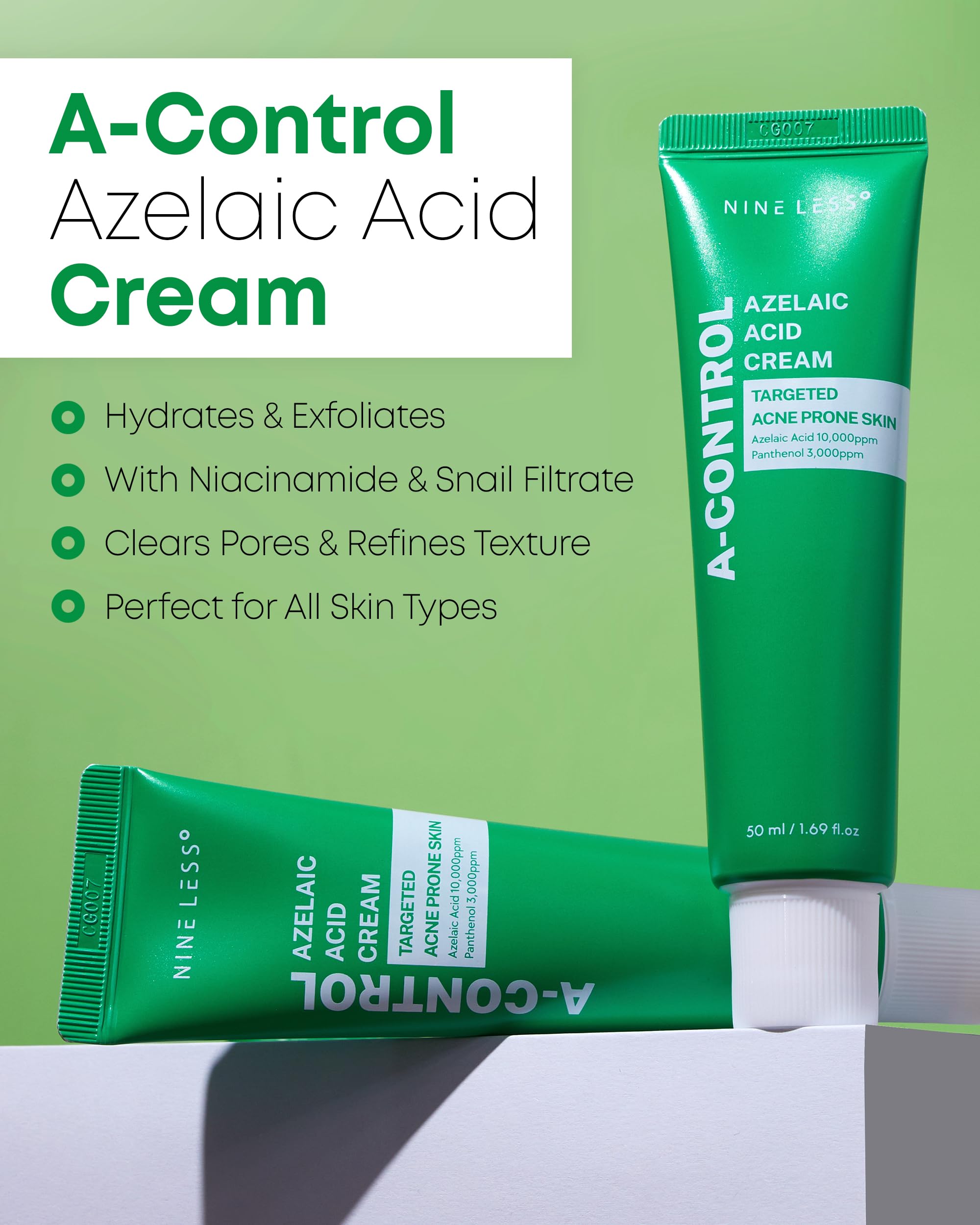 NINELESS A-Control Azelaic Acid Cream – Korean Blemish Clear Moisturizer for Face | Acne Control & Hydration