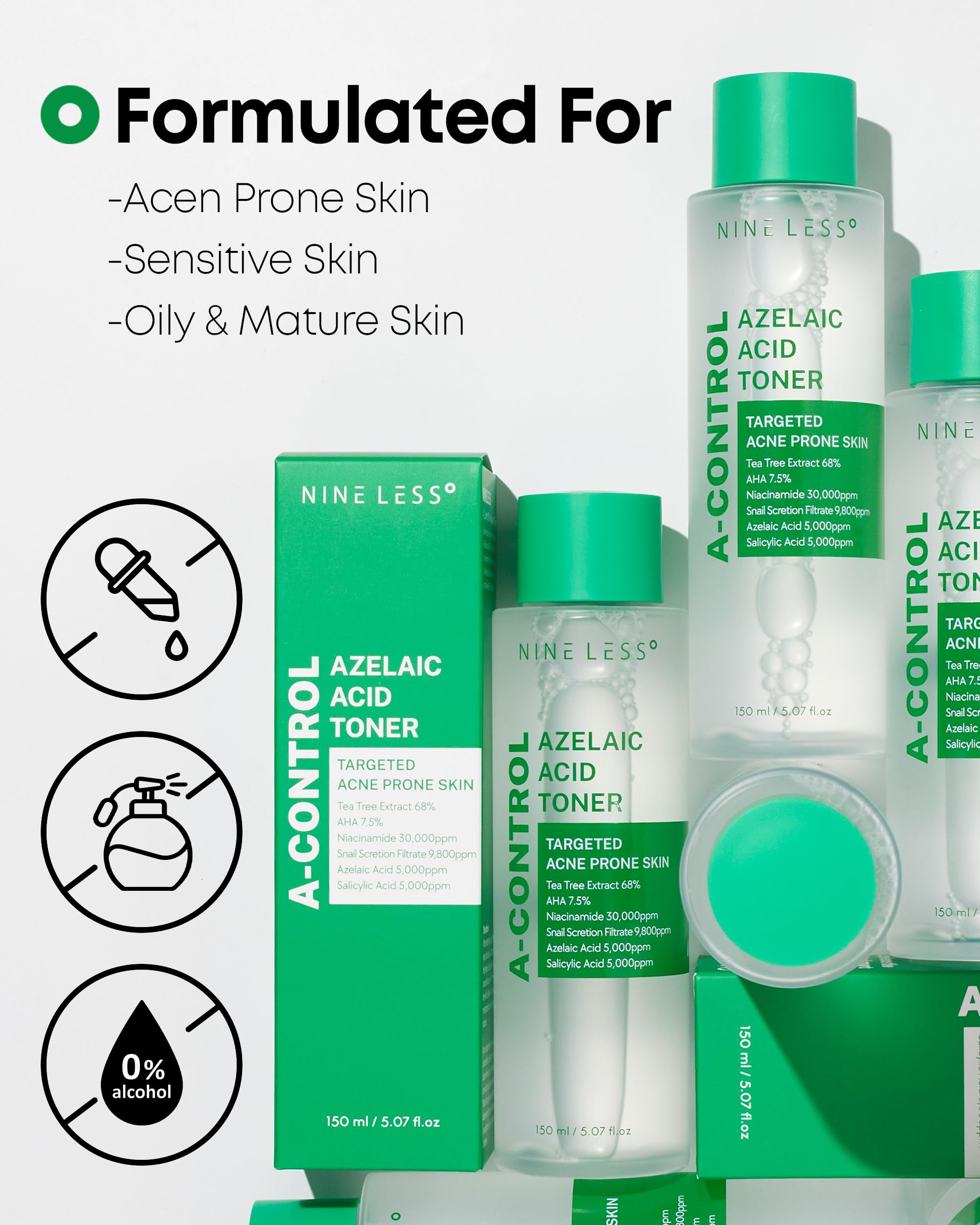 NINELESS A-Control Azelaic Acid Toner with AHA & BHA | Pore Refining & Soothing Toner