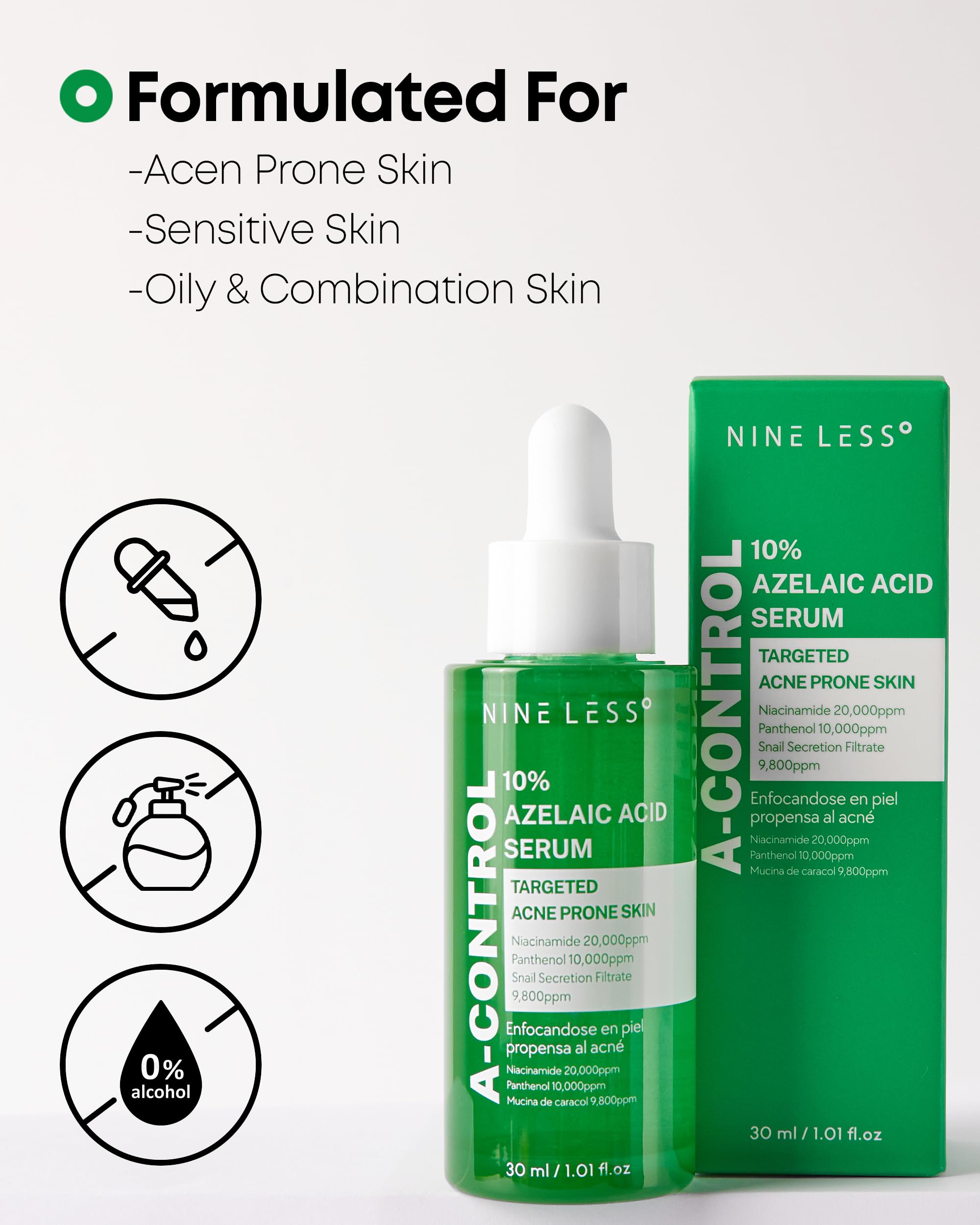 NINELESS 10% Azelaic Acid Serum with Niacinamide & Snail Mucin – Redness Relief & Dark Spot Corrector