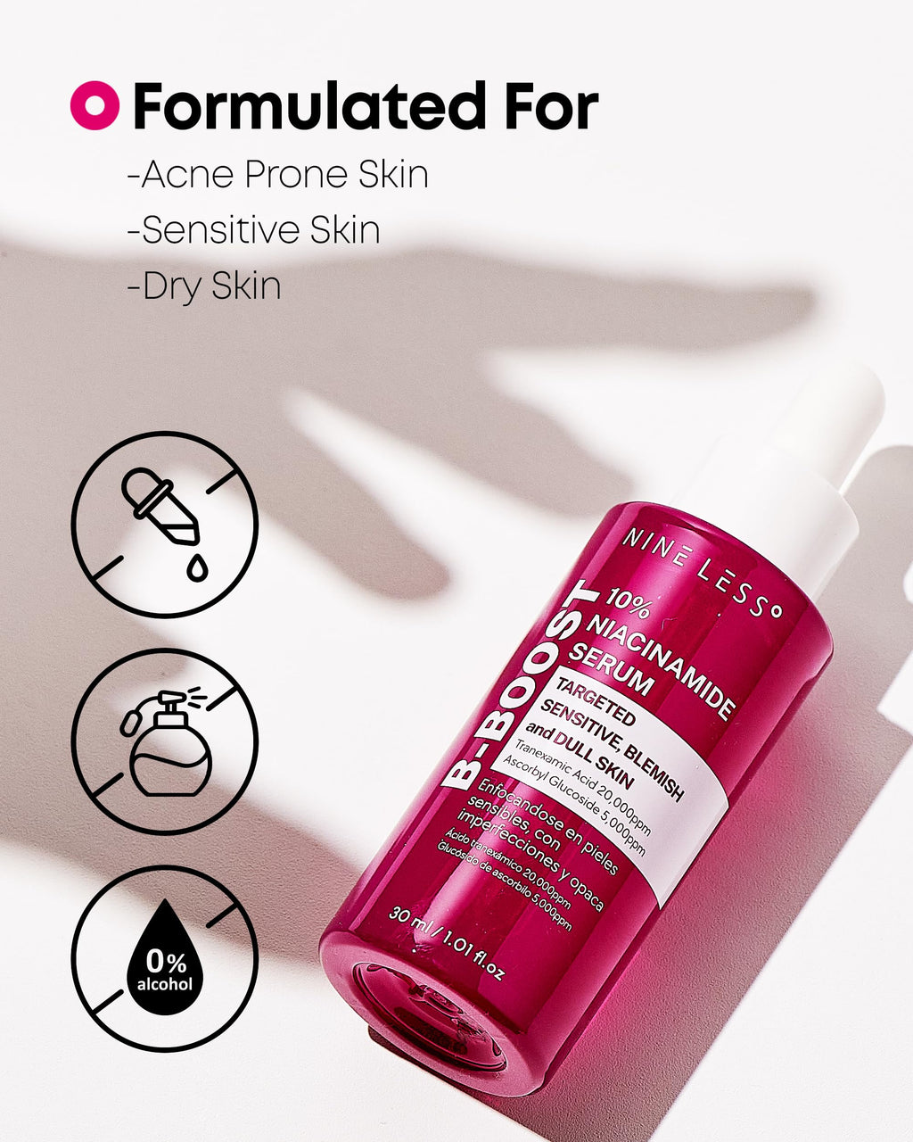 NINELESS B-Boost 10% Niacinamide Serum – Even Tone, Tranexamic Acid & Glutathione, 1.01 fl oz