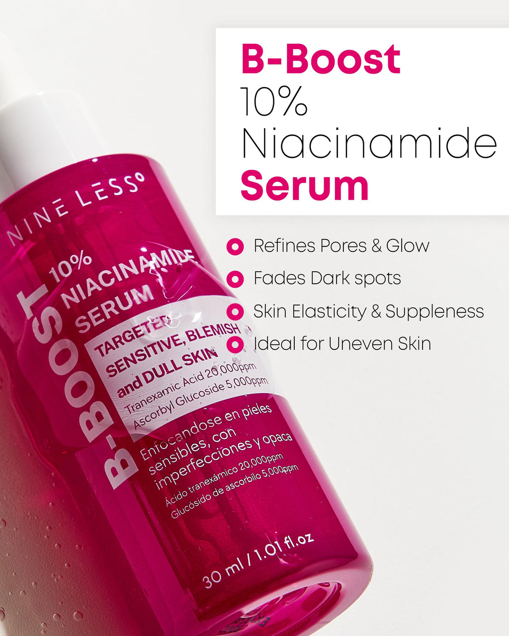 NINELESS B-Boost 10% Niacinamide Serum – Even Tone, Tranexamic Acid & Glutathione, 1.01 fl oz