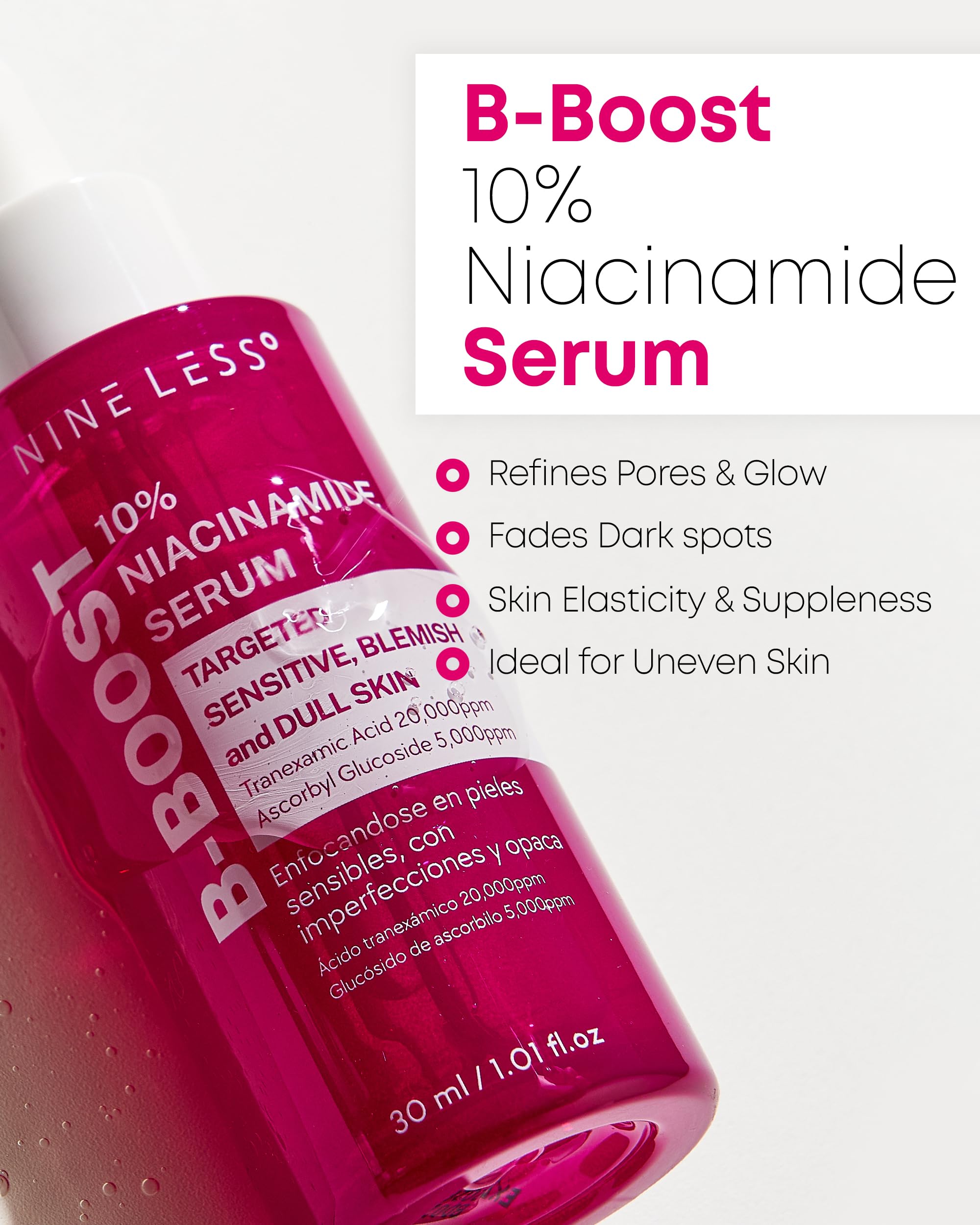 NINELESS B-Boost 10% Niacinamide Serum – Even Tone, Tranexamic Acid & Glutathione, 1.01 fl oz