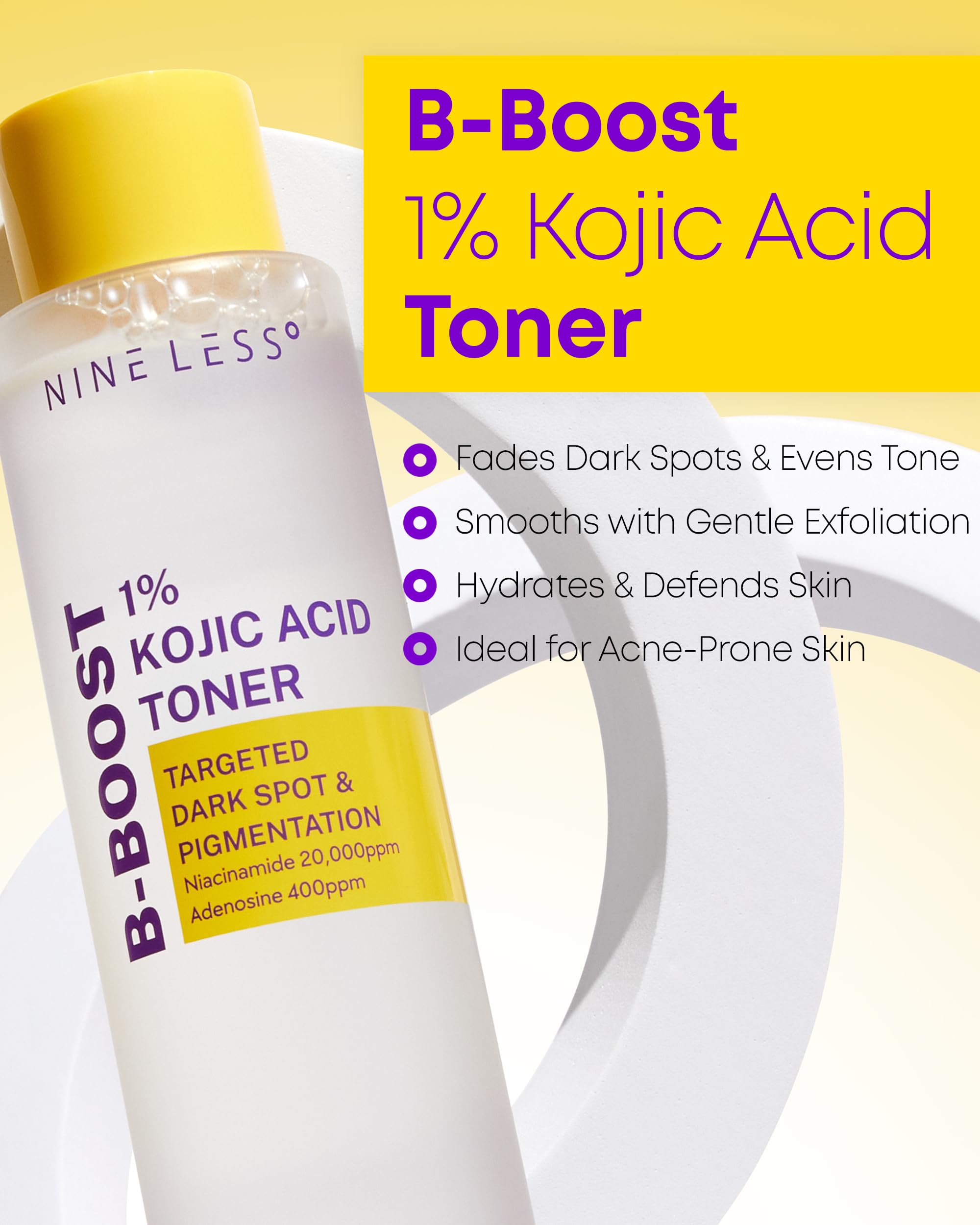 NINELESS 1% Kojic Acid Toner – 2% Niacinamide & Probiotics for Brightening & Even Tone (6.76 fl oz)