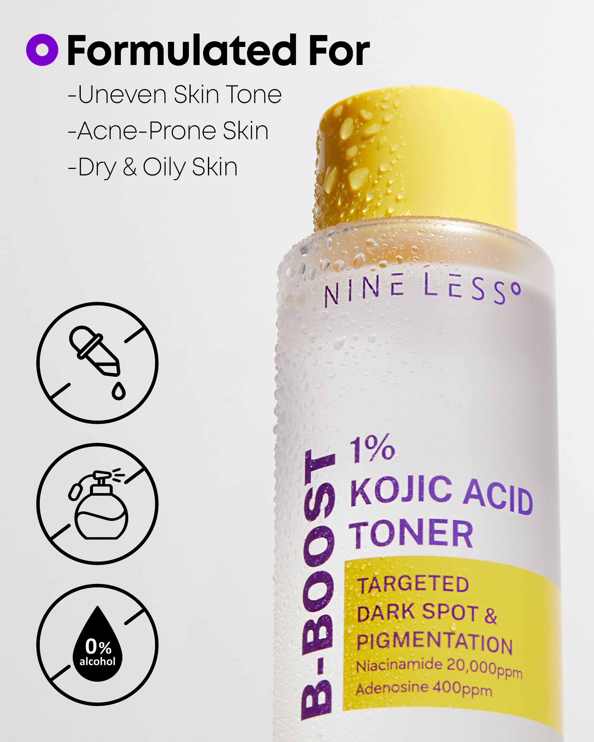 NINELESS 1% Kojic Acid Toner – 2% Niacinamide & Probiotics for Brightening & Even Tone (6.76 fl oz)