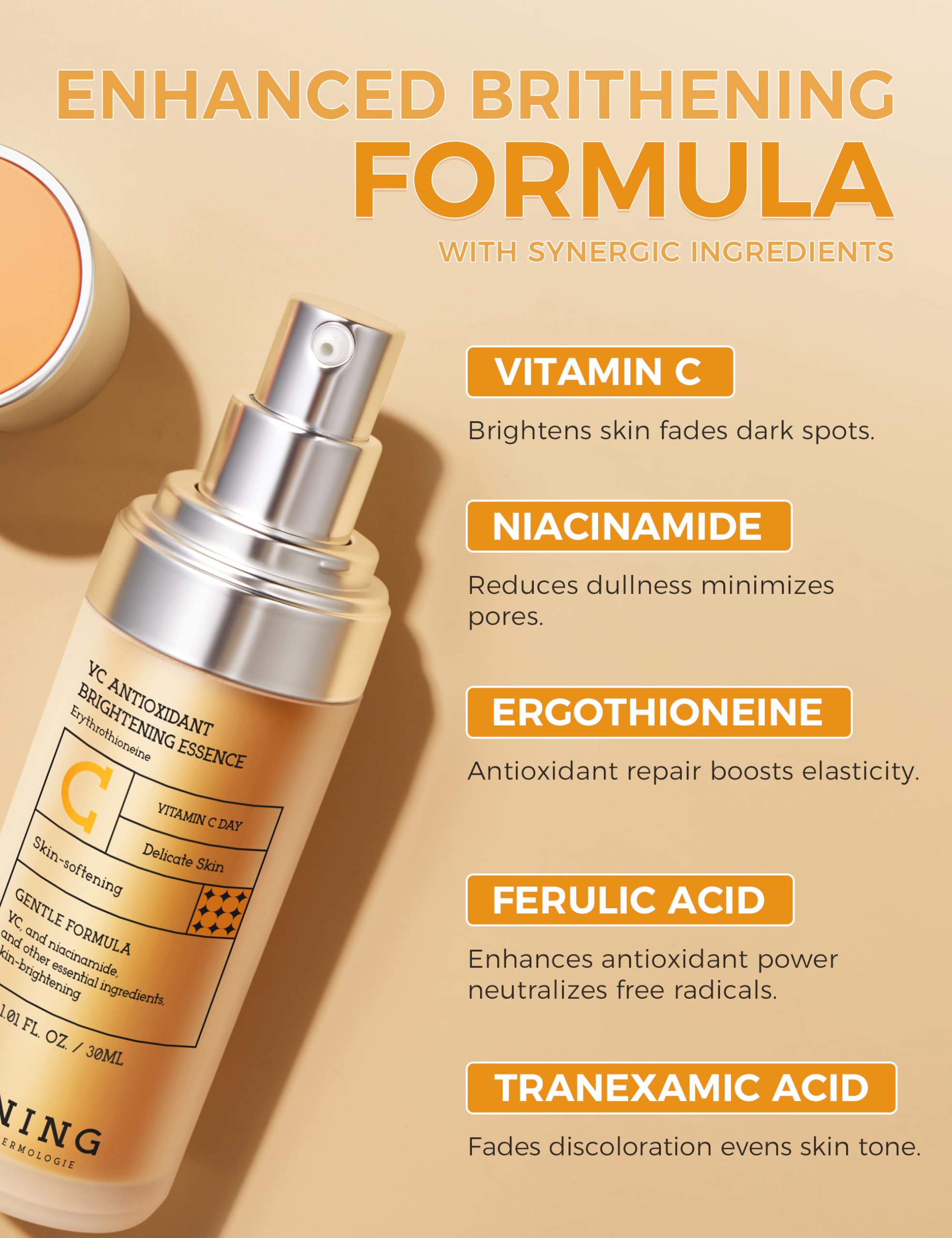 NING DERMOLOGIE Vitamin C Serum with Niacinamide & Ethyl Ascorbic Acid | Brightening, Hydration & Dark Spot Support | Korean Synergy 1.01oz