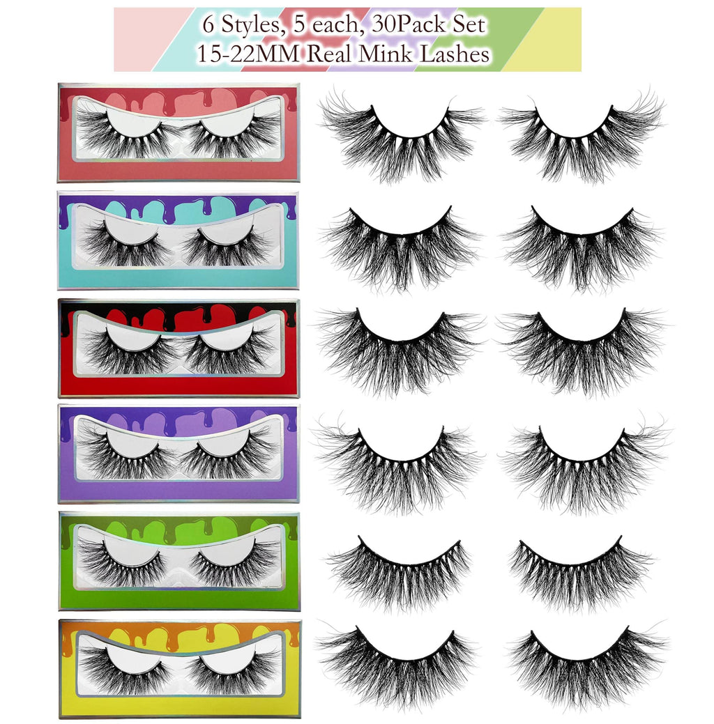 Ninglash Mink Lashes Bulk – 30 Pack, 6 Styles, 15–22mm Real Mink Full Strip Lashes