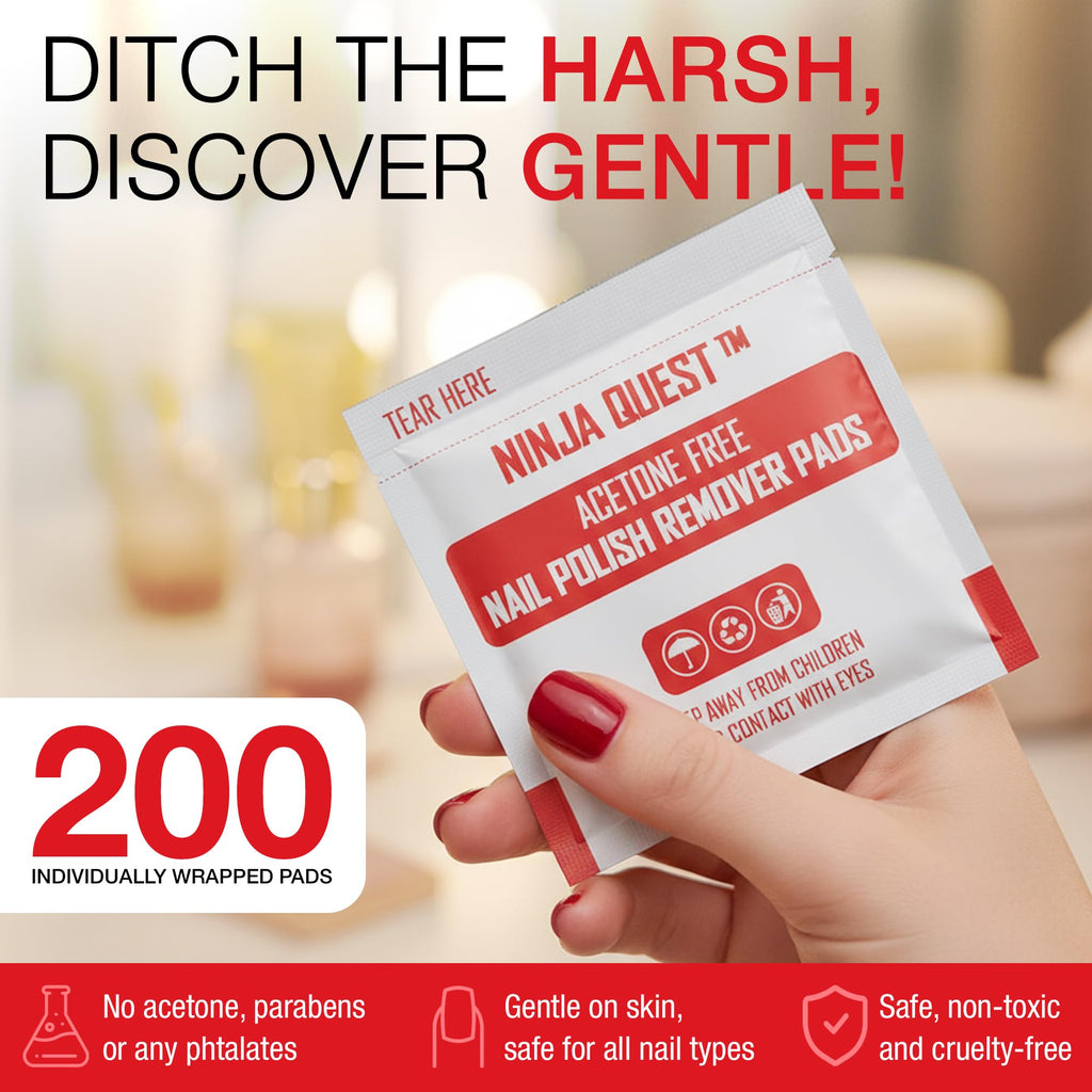 Ninja Quest Nail Polish Remover Pads | 200-Pack Non-Acetone Wipes for Gel, Natural Nails, Travel Kit