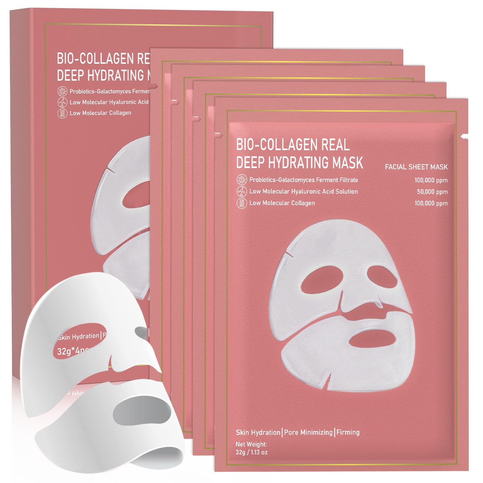 Nityrliv Collagen Face Mask | 4-Pack Bio-Collagen Overnight Hydrating Sheet Mask for All Skin Types