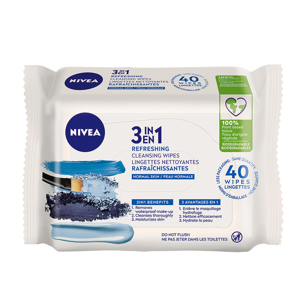 NIVEA 3-in-1 Refreshing Face Cleansing Wipes (40 ct) – Biodegradable Plant-Based Fibres
